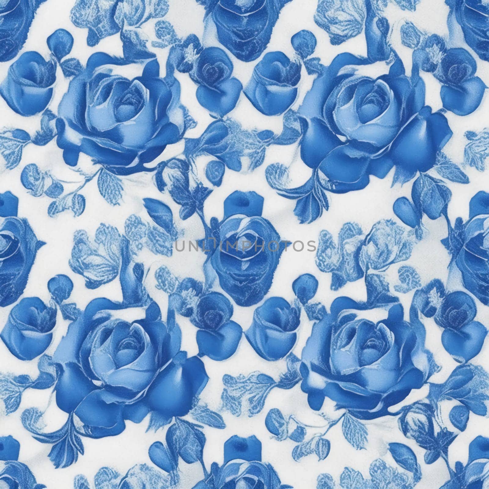 Symmetrical blue and white roses pattern style.-