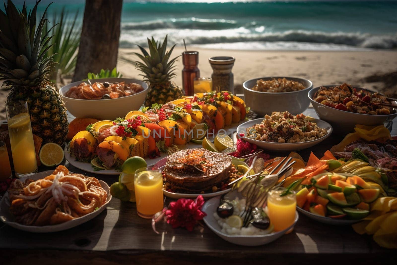 Indulge in the flavors and traditions of Hawaii as you dine on a tropical beach surrounded by the sound of crashing waves (generative AI)