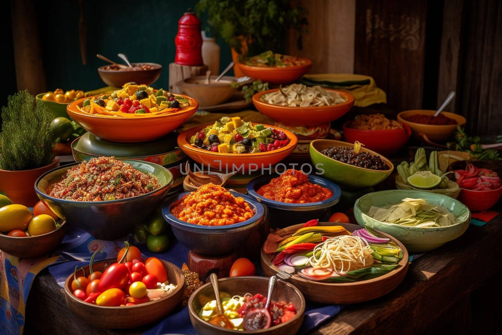 Enjoy a savory Mexican buffet on a rooftop terrace with stunning views of the city skyline! (generative AI)