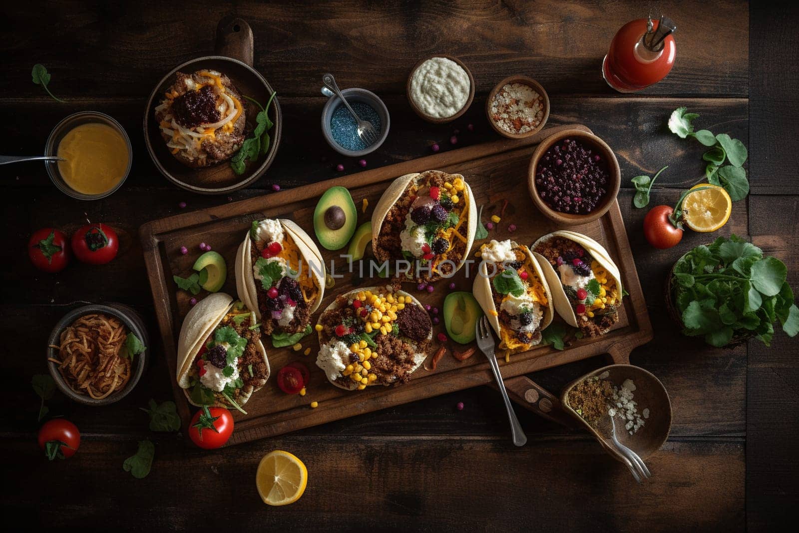 A fusion buffet of BBQ and tacos on a trendy rooftop bar (generative AI)
