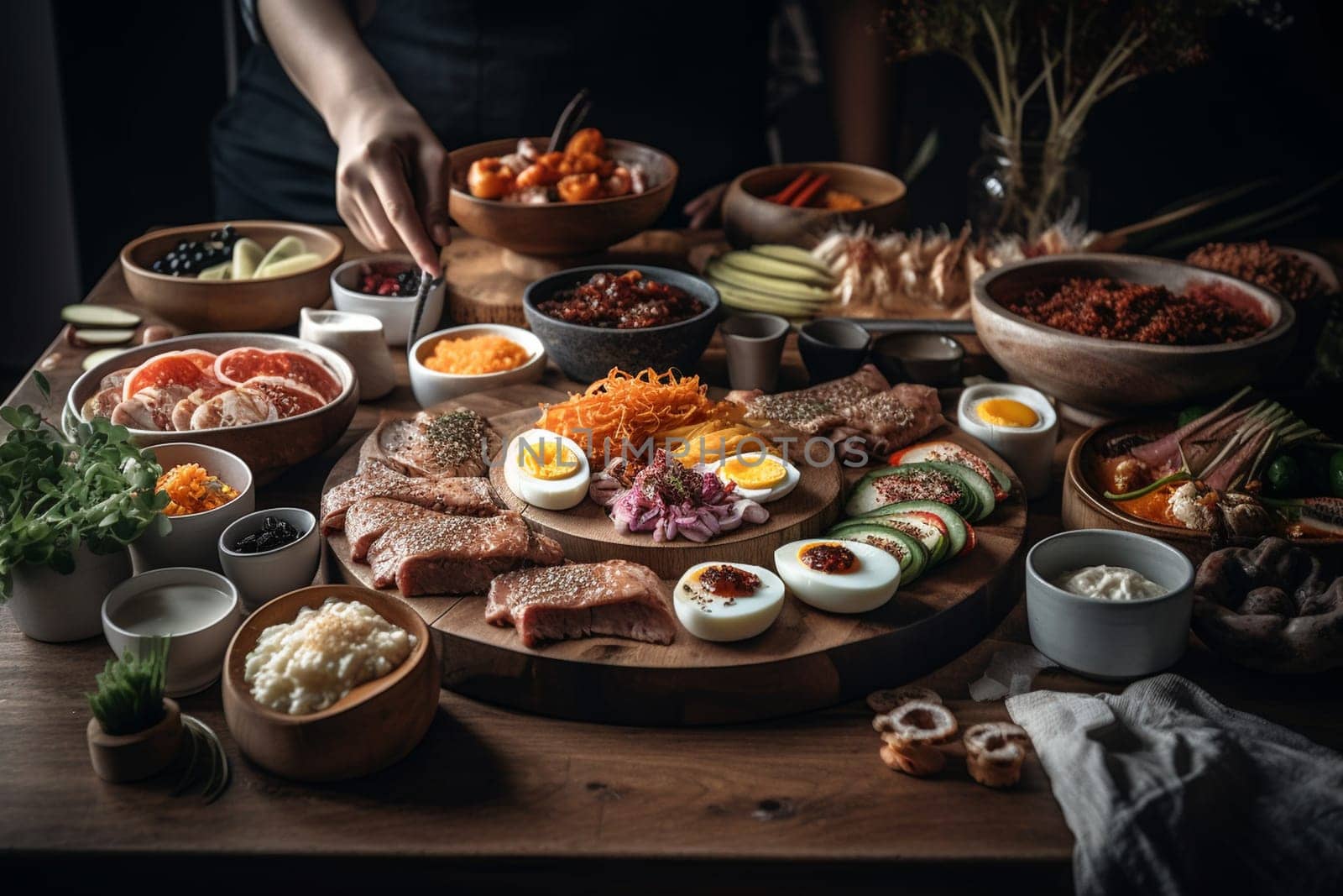 A Korean barbecue buffet with a panoramic city view (generative AI)