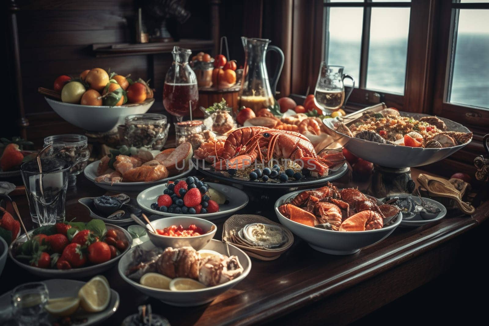 A luxurious seafood buffet on a yacht (generative AI)
