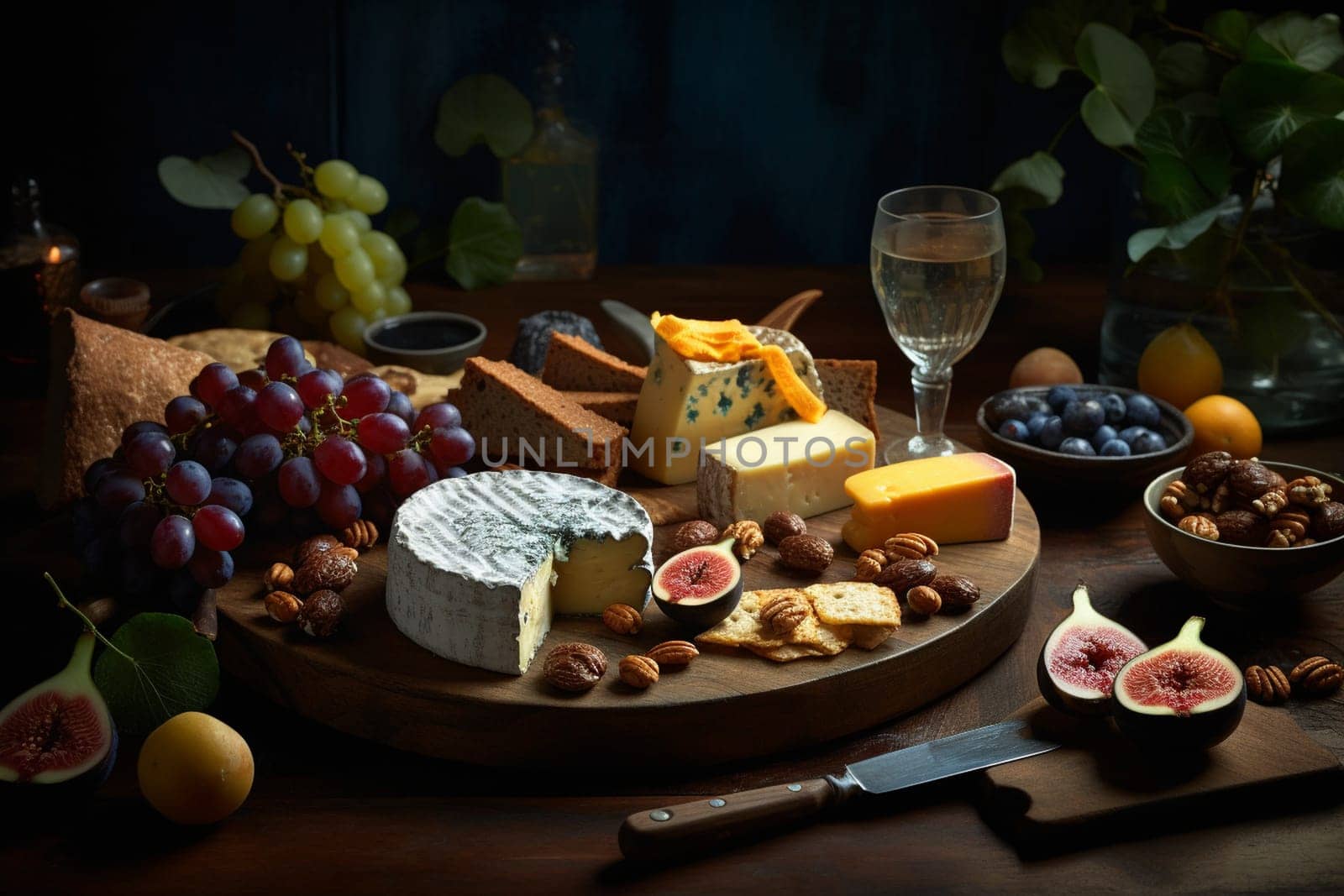 A luxurious cheese buffet in a hilltop vineyard (generative AI)