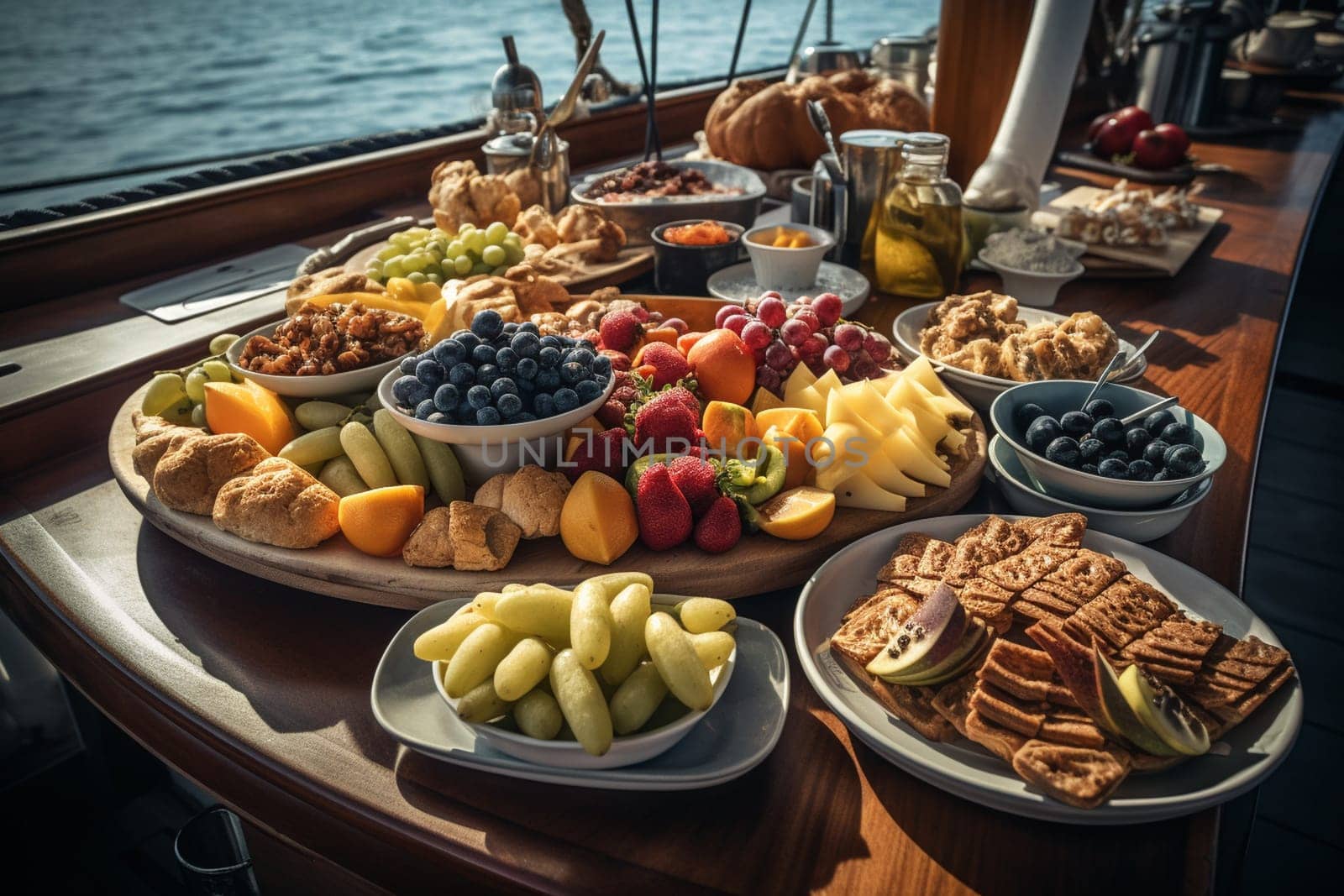 Explore the Mediterranean with an exquisite buffet onboard a luxurious boat cruise, with breathtaking views of the coast (generative AI)