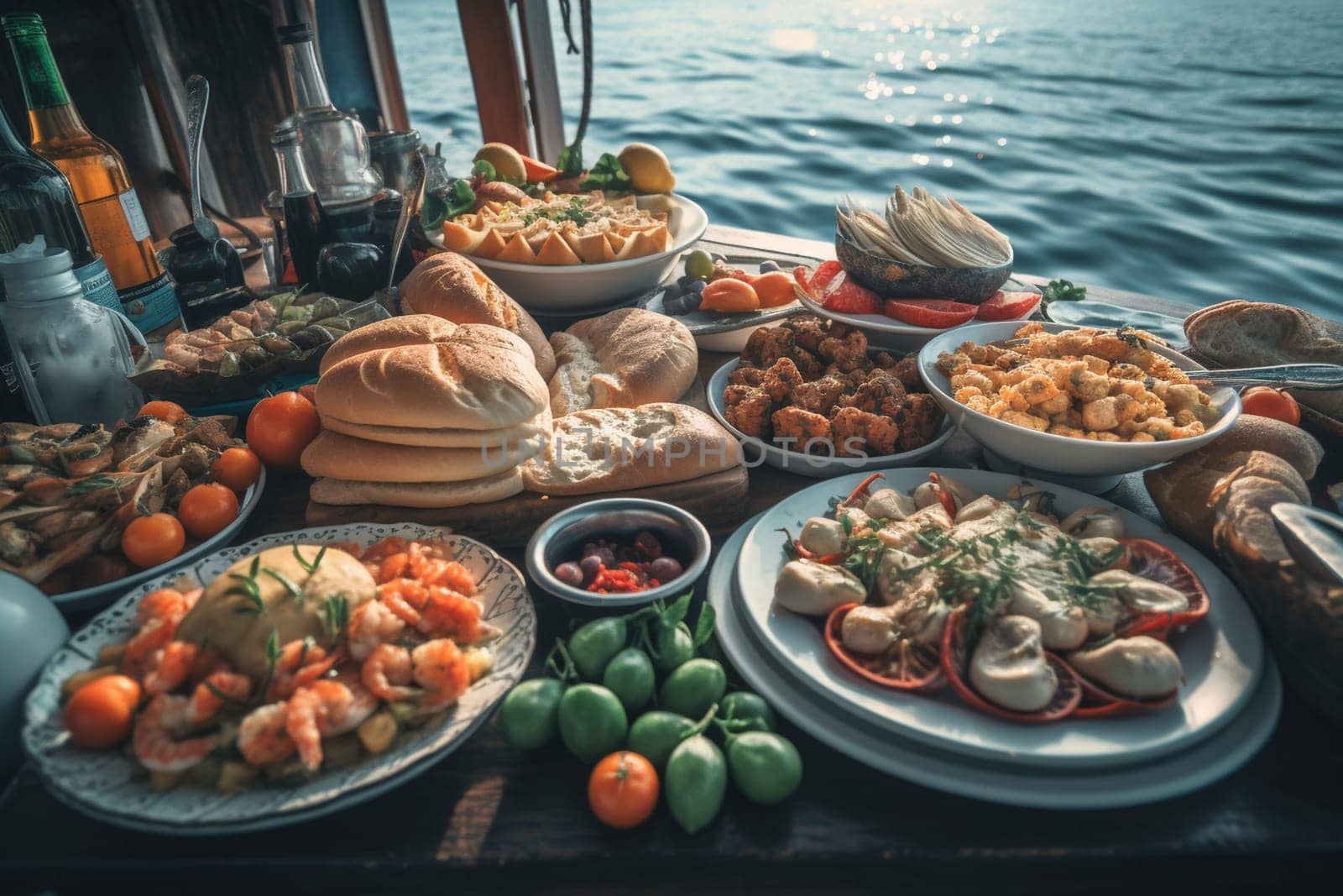 Explore the Mediterranean with an exquisite buffet onboard a luxurious boat cruise, with breathtaking views of the coast (generative AI)