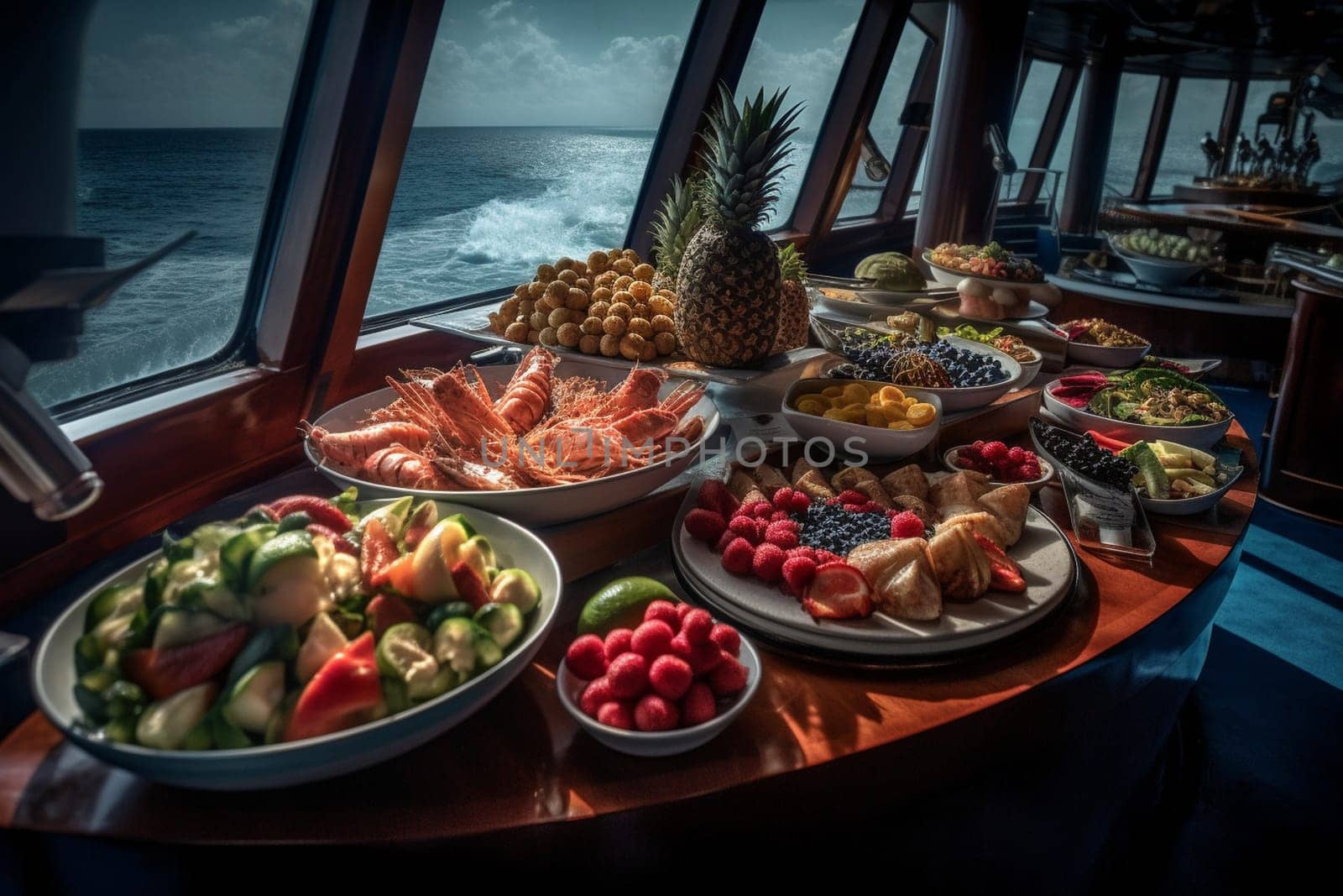 A seafood buffet on a luxury cruise ship's deck (generative AI)