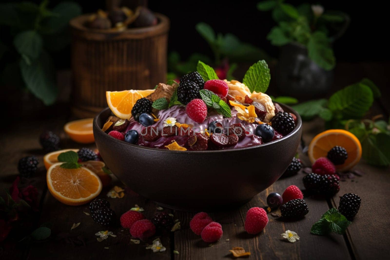 A tropical and refreshing açai bowl topped with fresh fruits and coconut flakes (generative AI)