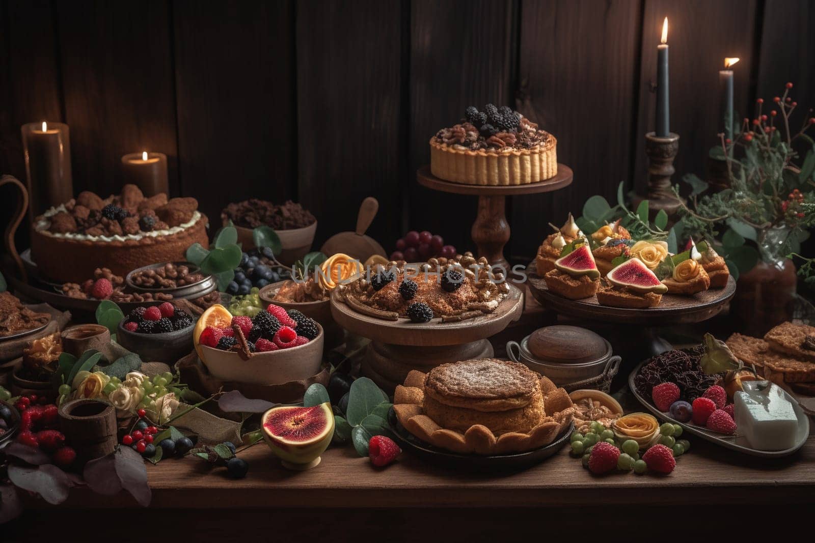 A rustic-style dessert buffet table at a wedding reception (generative AI)