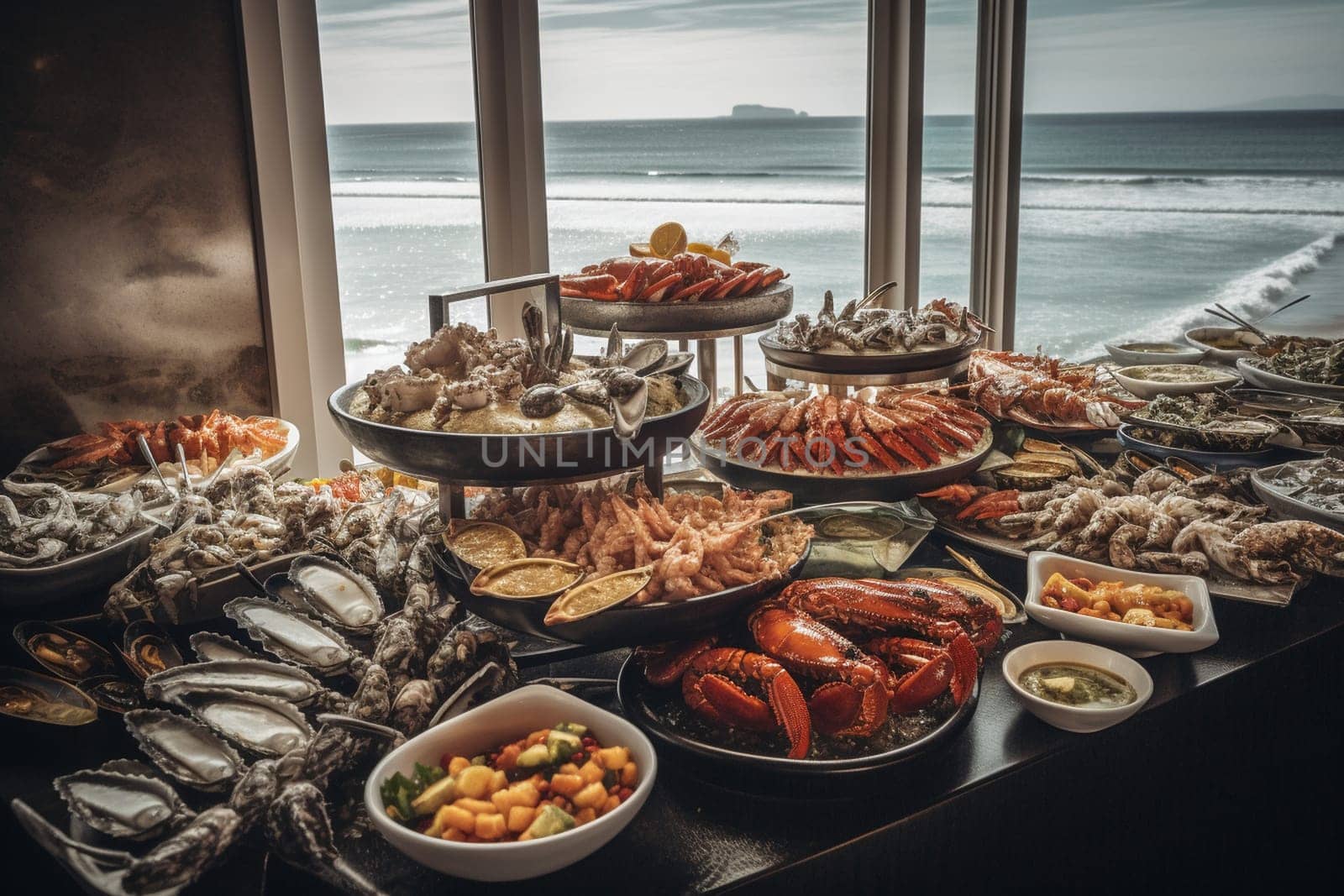 A seafood buffet at a seaside restaurant with ocean views (generative AI)