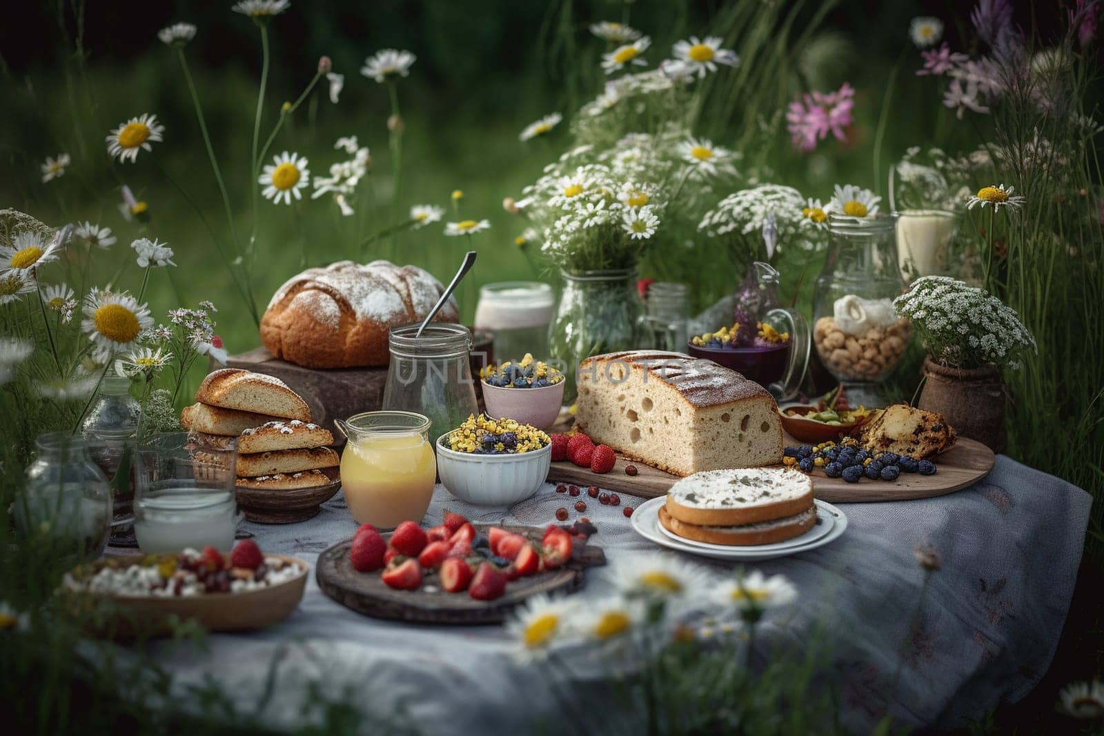 A picnic buffet in a meadow (generative AI)