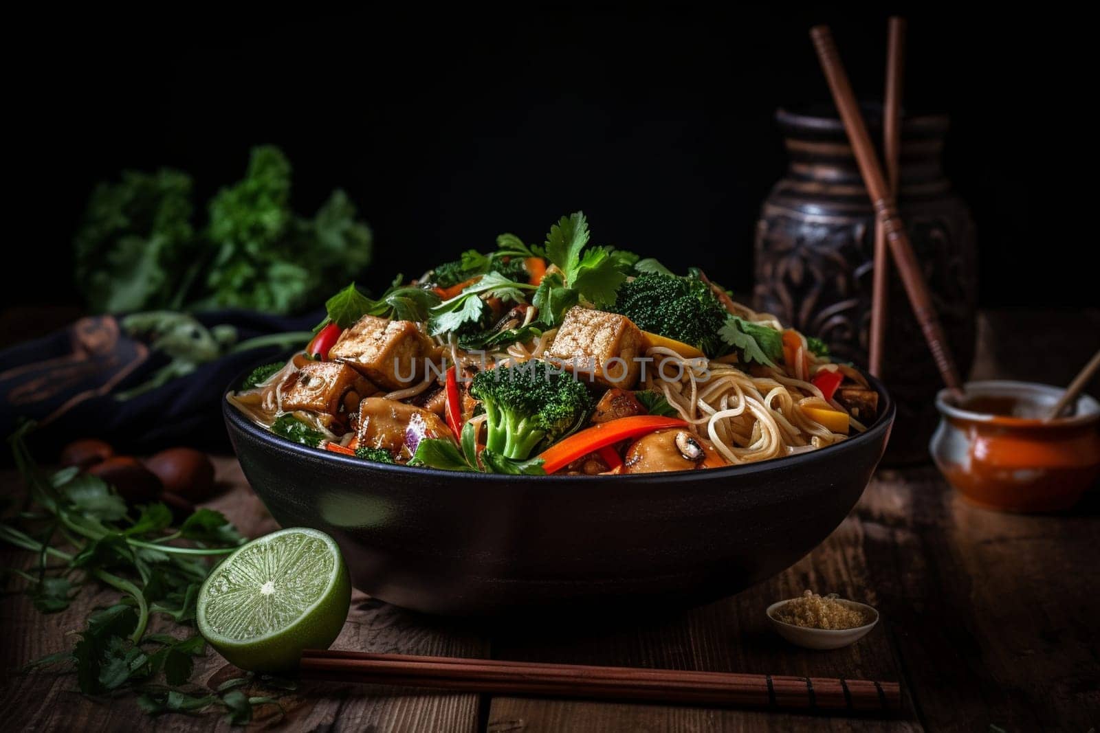 A flavorful vegetable stir fry made with crispy tofu and a tangy sauce (generative AI)