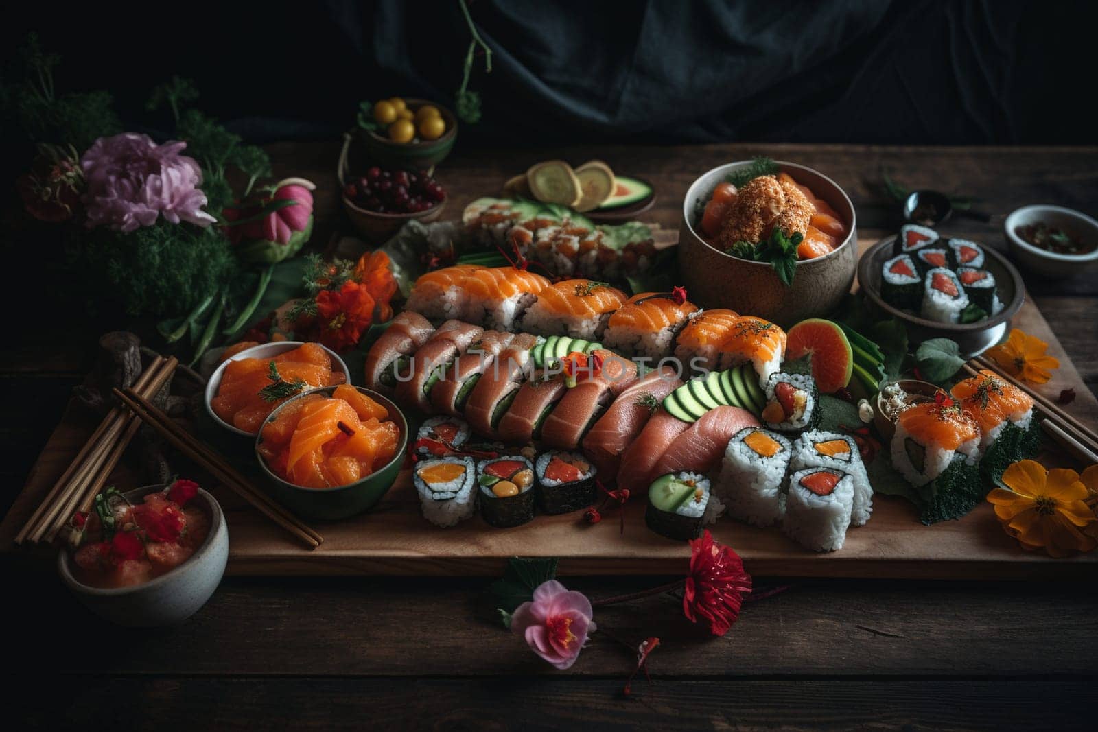 Enjoy fresh-cut sushi with a view at a rooftop buffet (generative AI)