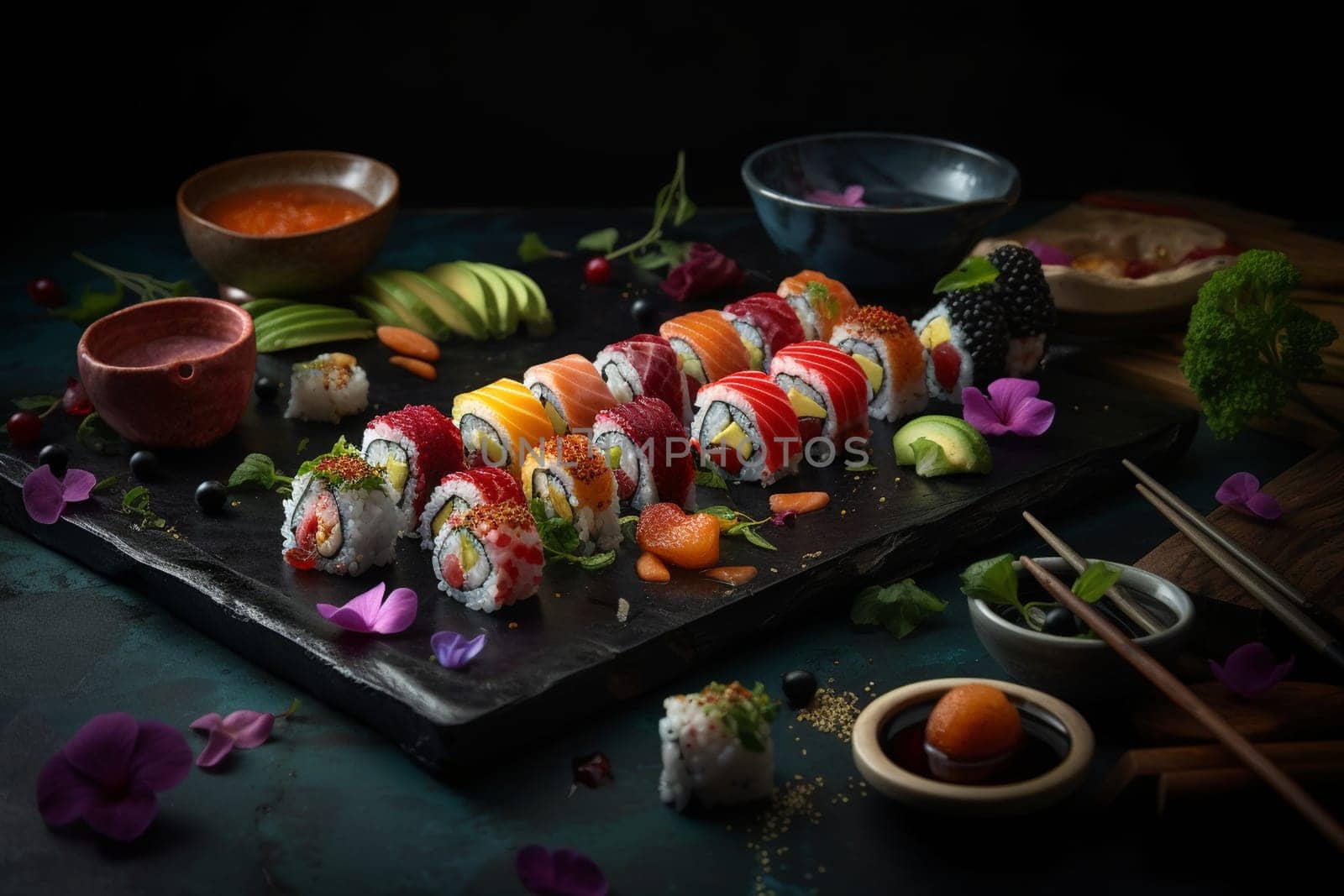 Enjoy fresh-cut sushi with a view at a rooftop buffet (generative AI)