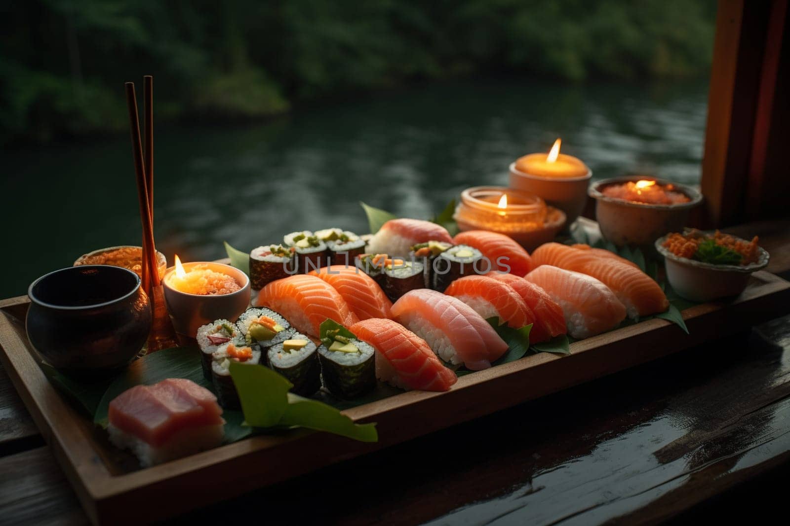 Satisfy your cravings with a delicious platter of sushi while by the serene river (generative AI)
