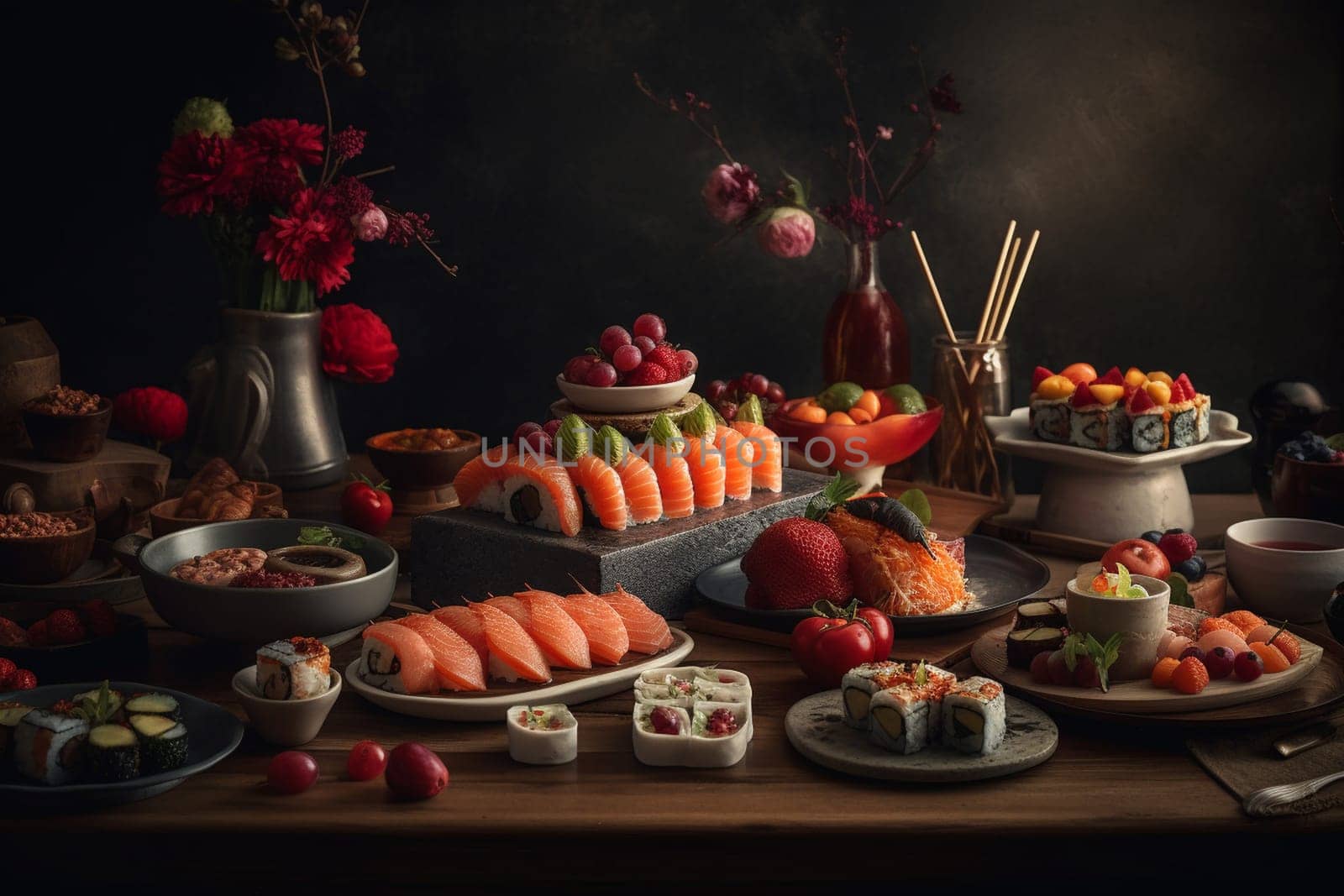 A sushi extravaganza at a rooftop buffet (generative AI)