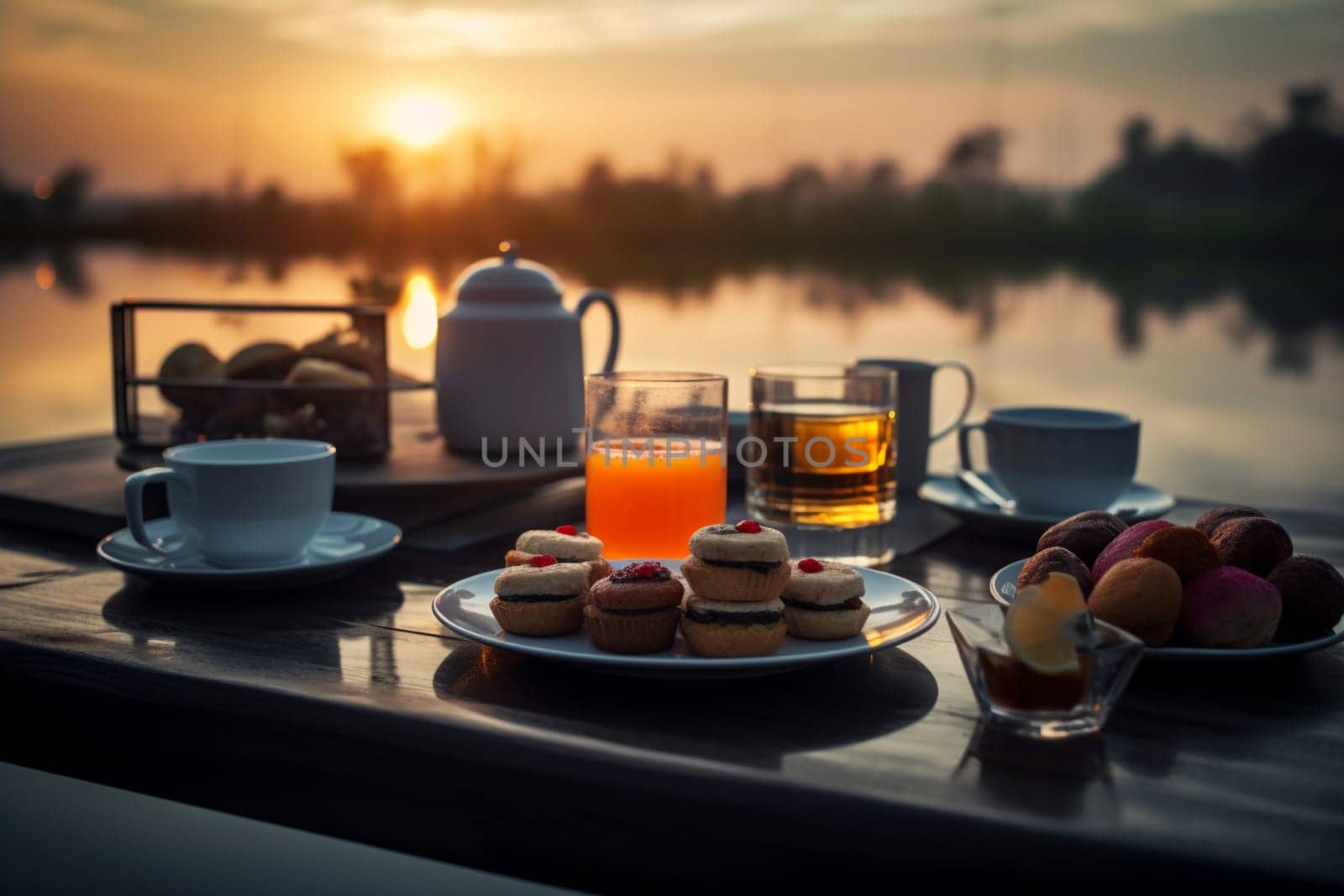 A tea buffet by a serene lake with a view of sunset (generative AI)