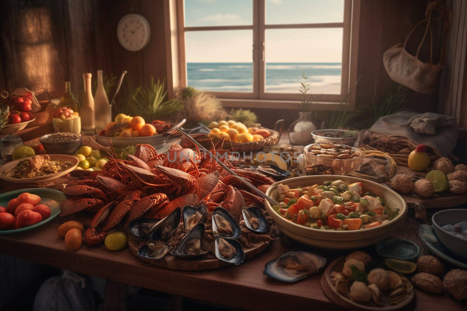 A seafood buffet at a seaside restaurant with ocean views (generative AI)