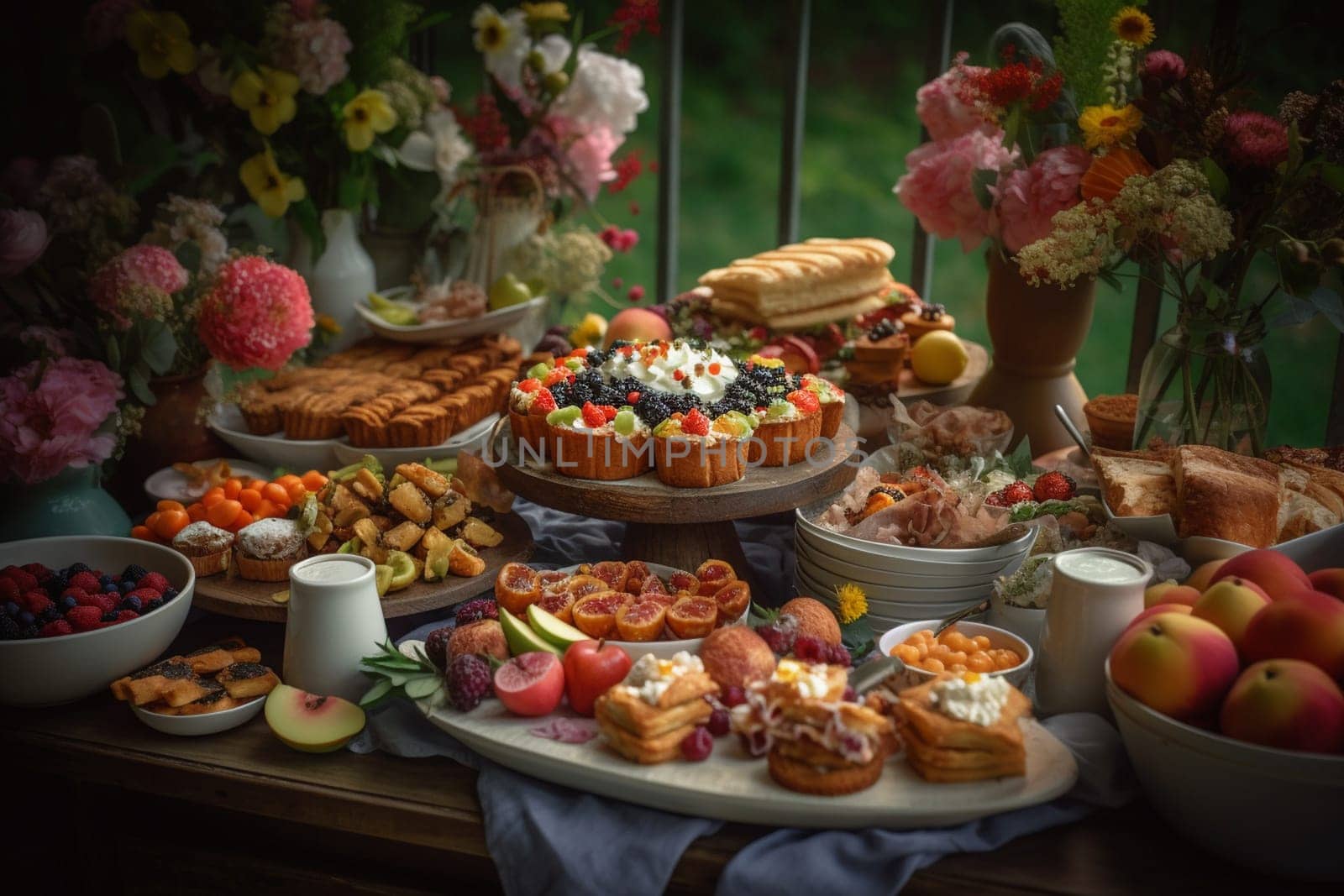 A Southern-style brunch buffet in a charming garden gazebo (generative AI)