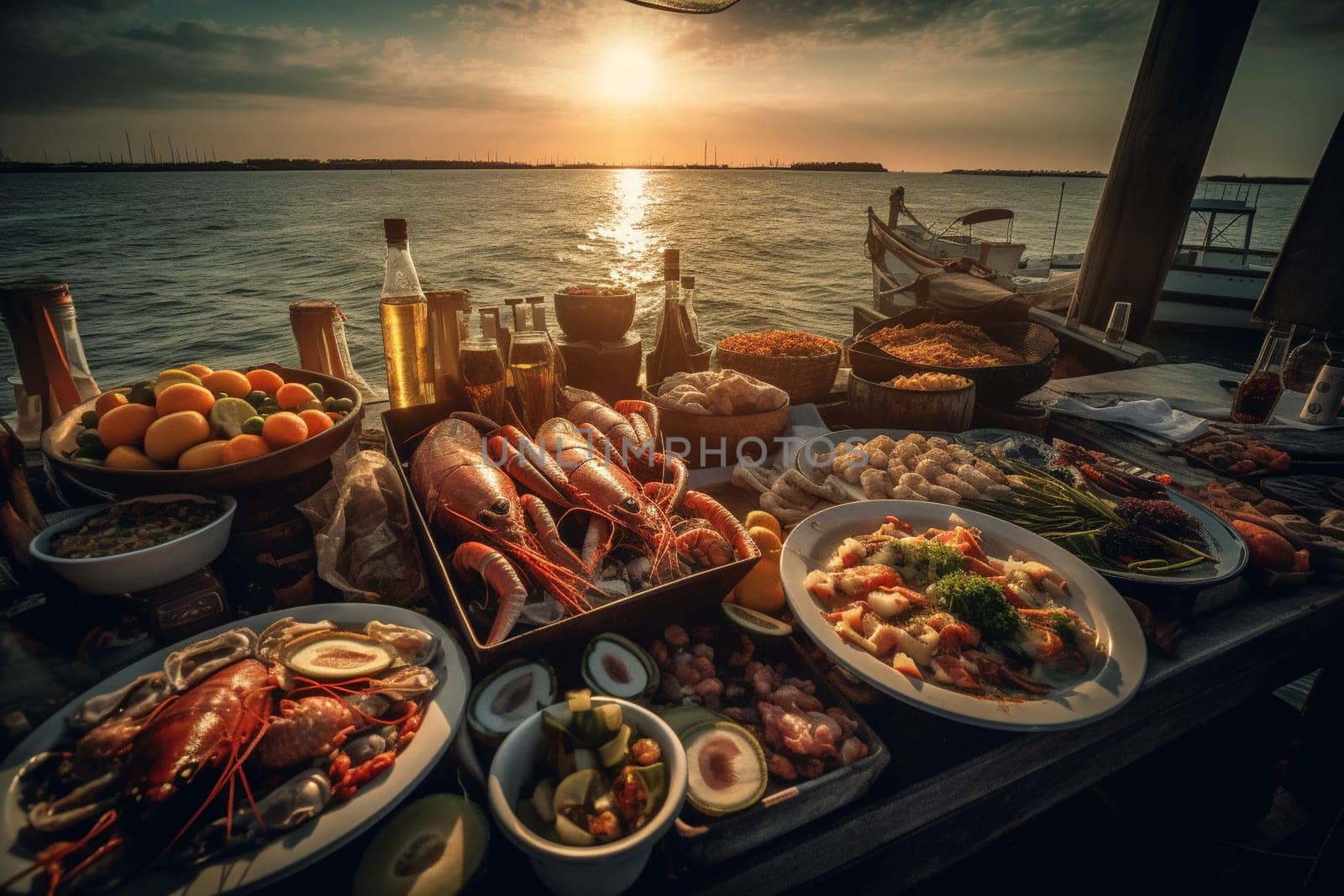 A seafood buffet at sunset on a pier (generative AI)