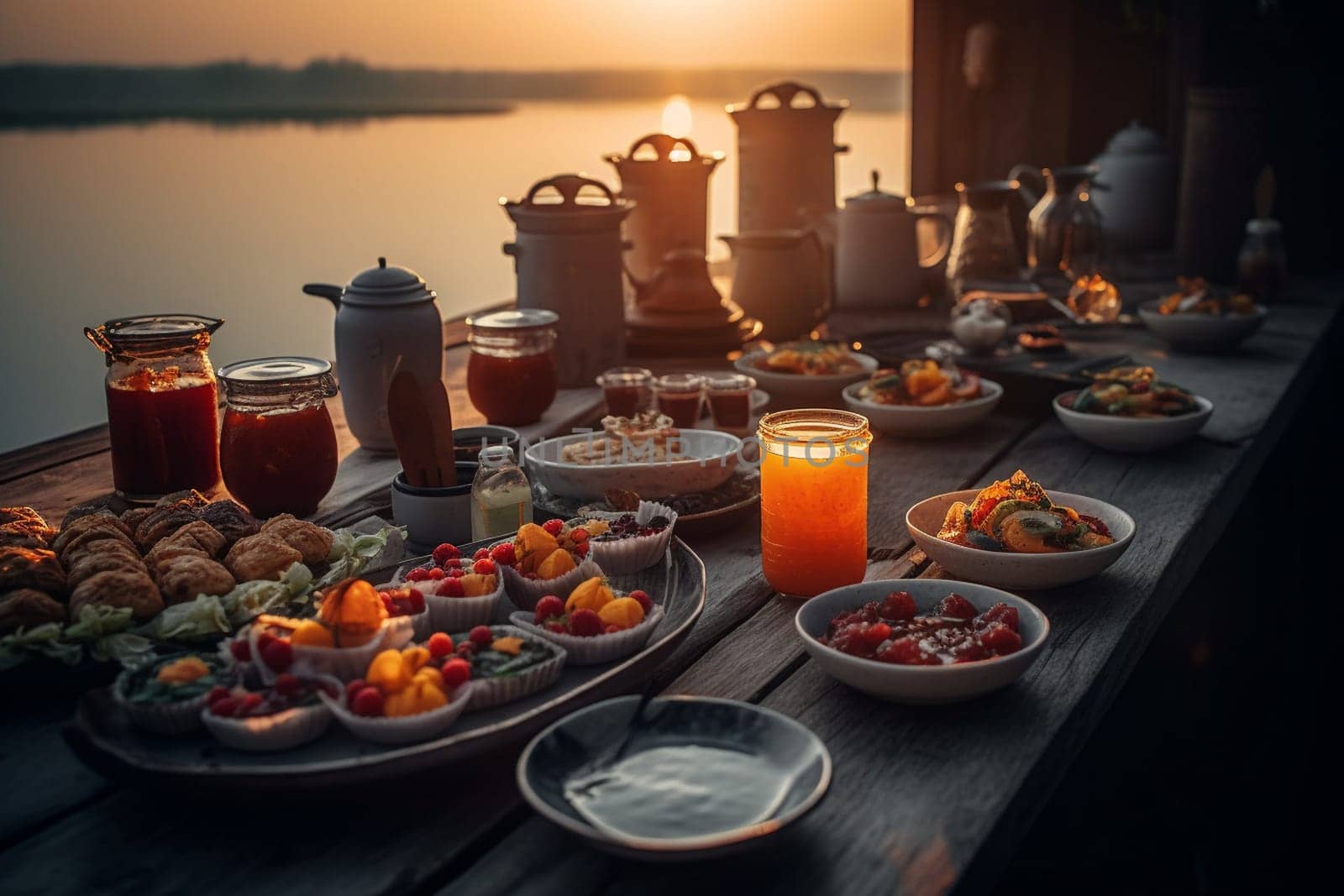A tea buffet by a serene lake with a view of sunset (generative AI)