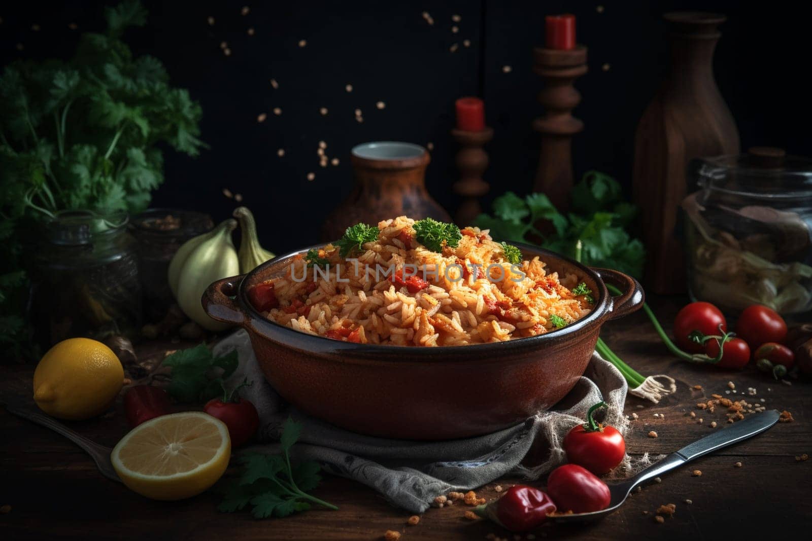A spicy and flavorful bowl of jambalaya filled with sausage, chicken, and shrimp (generative AI)