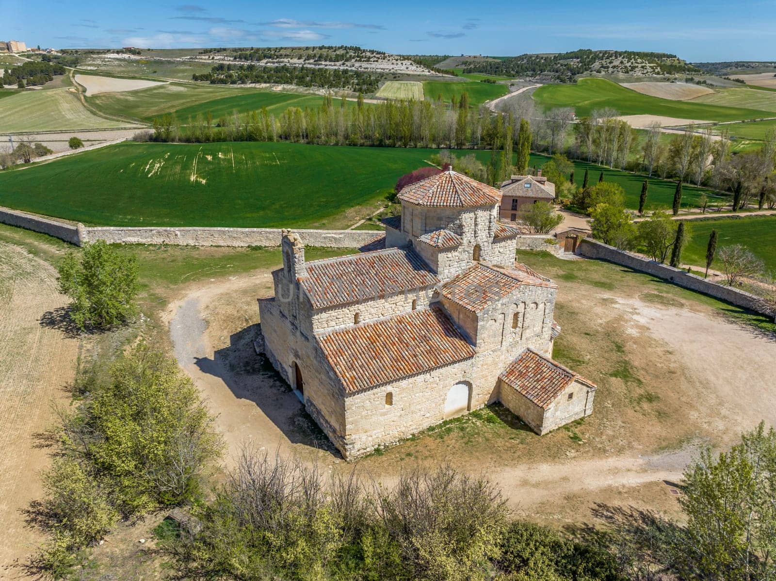 Church of Our Lady of the Announced in the Medieval city of Uruena Valladolid province Spain, Aerial view facade detail