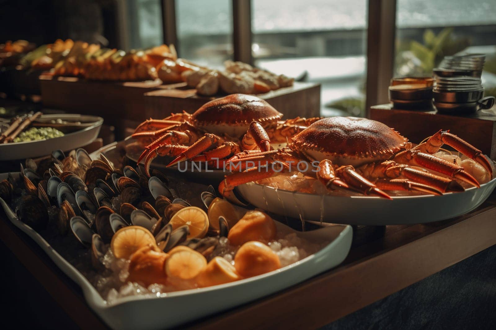 A seafood buffet at a beachfront pavilion (generative AI)