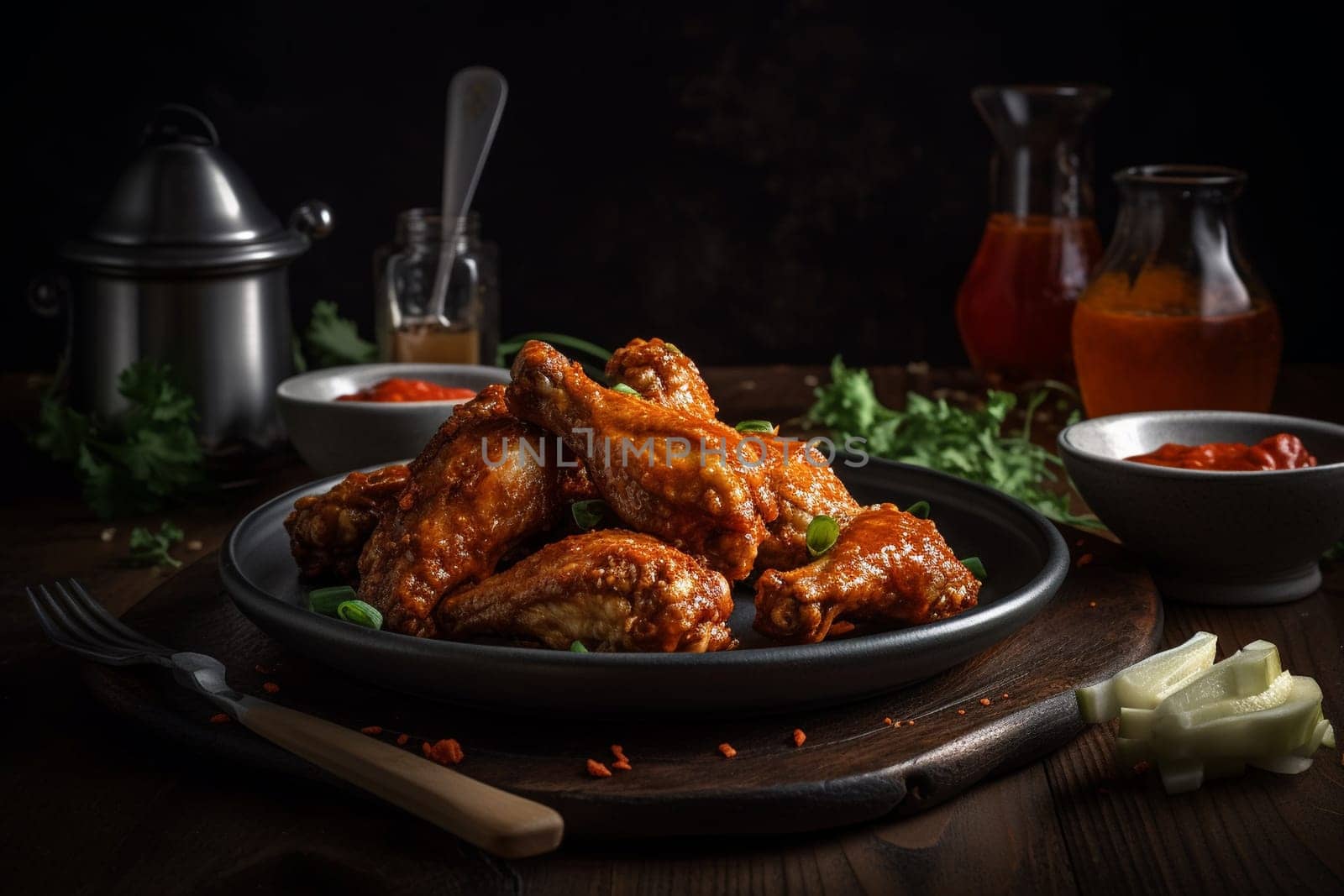 Cheer for your favorite team while indulging in a spicy plate of chicken wings served with ranch or blue cheese dressing at a lively sports bar (generative AI)