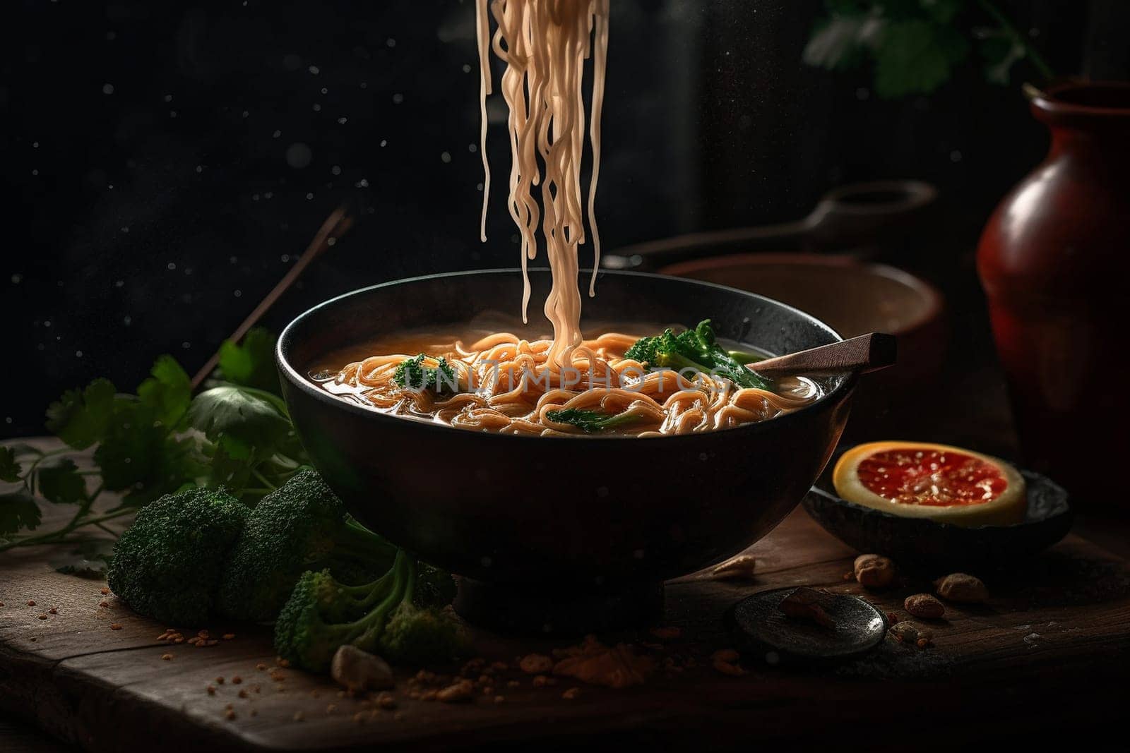 Warm yourself up with a hearty bowl of ramen in the cozy ambiance of a dimly-lit Japanese restaurant (generative AI)