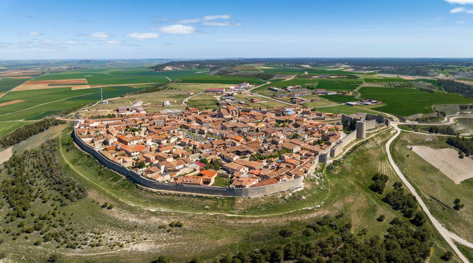 Panoramic aerial view of the medieval city of Uruena in Valladolid Spain