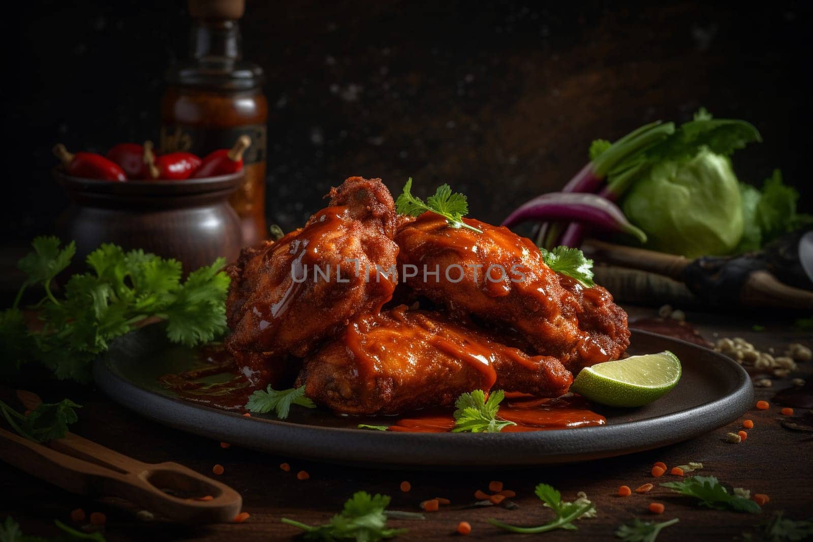 Cheer for your favorite team while indulging in a spicy plate of chicken wings served with ranch or blue cheese dressing at a lively sports bar (generative AI)