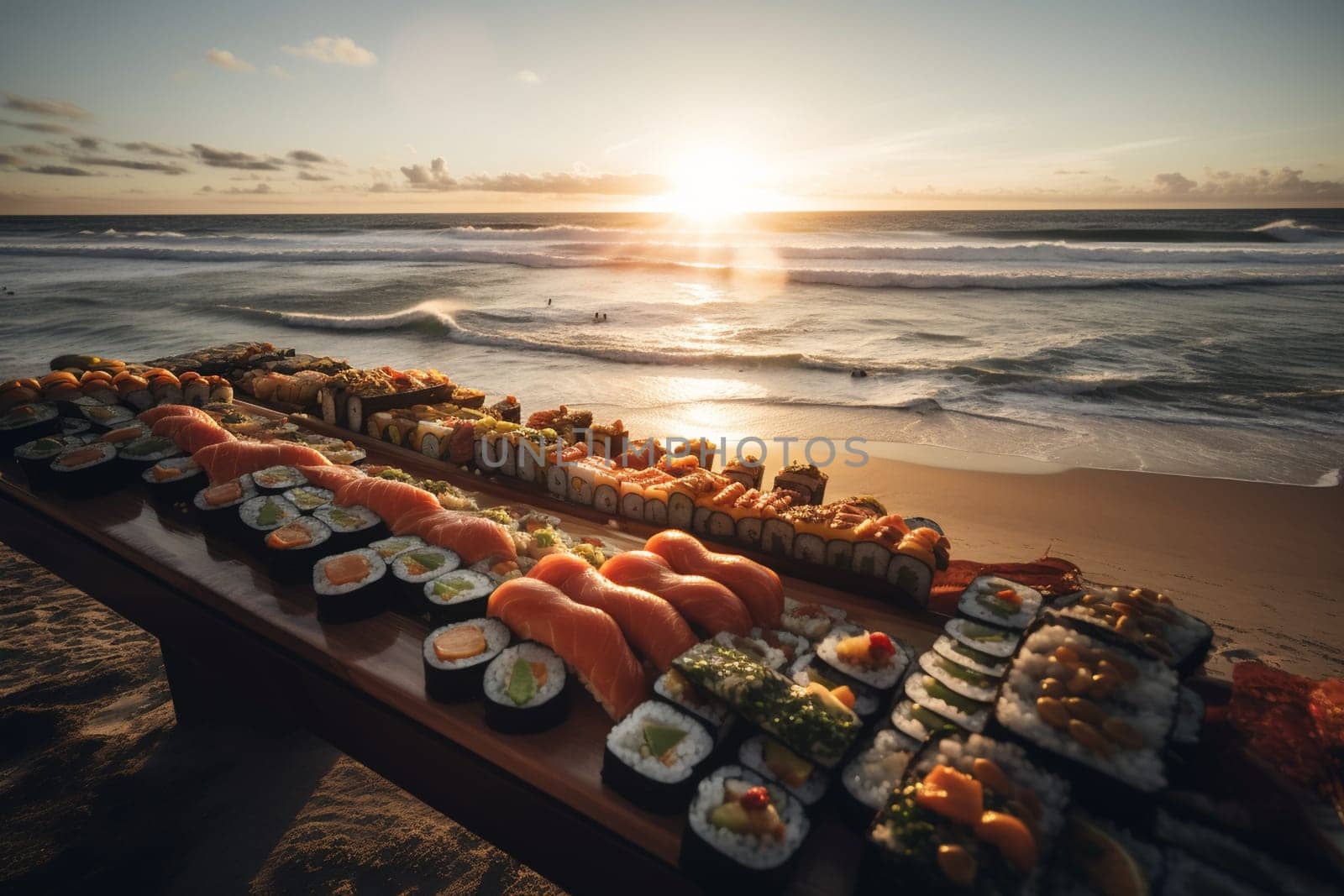 A sushi buffet on a beach (generative AI)