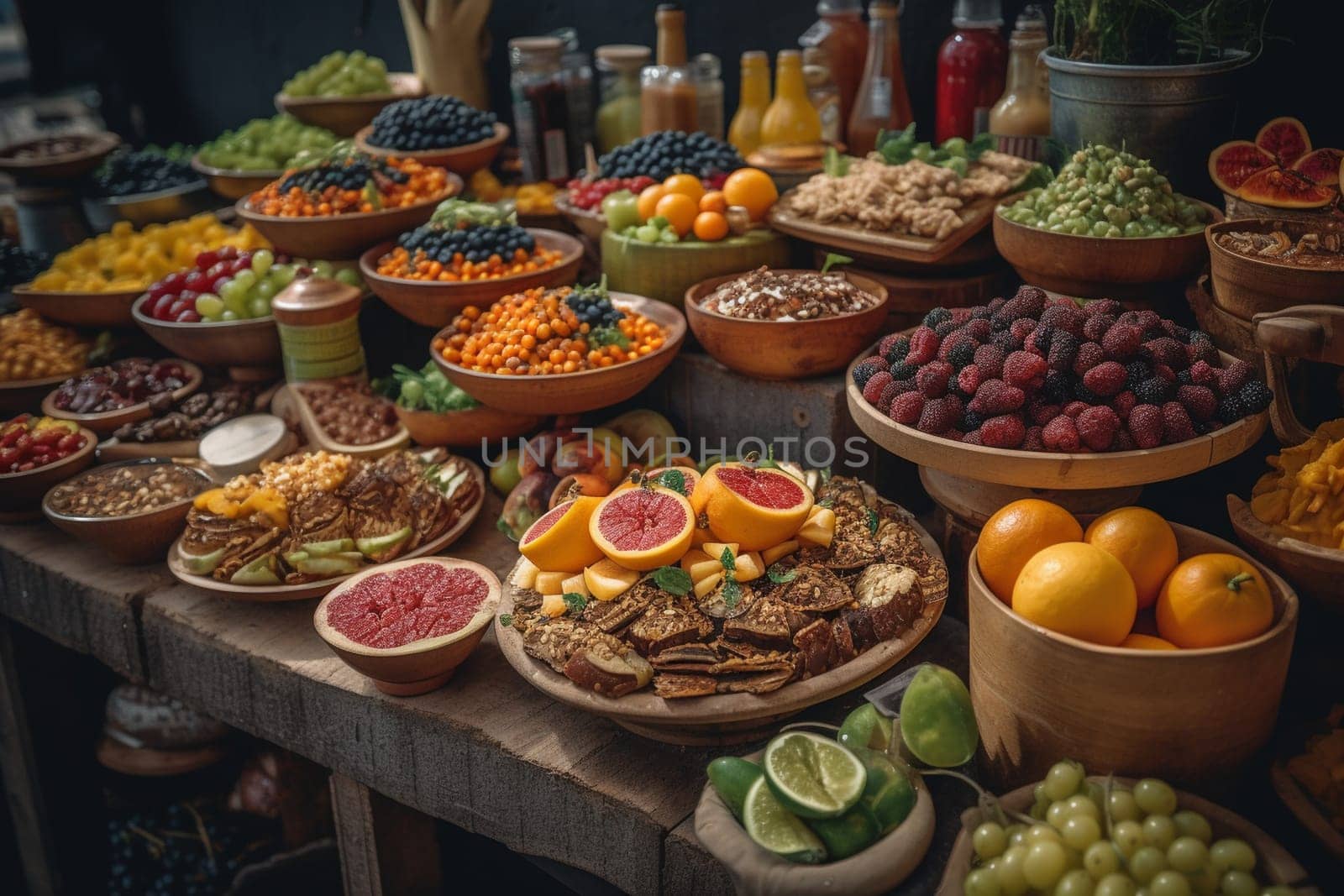 A vegan spread buffet at a farmers market (generative AI)