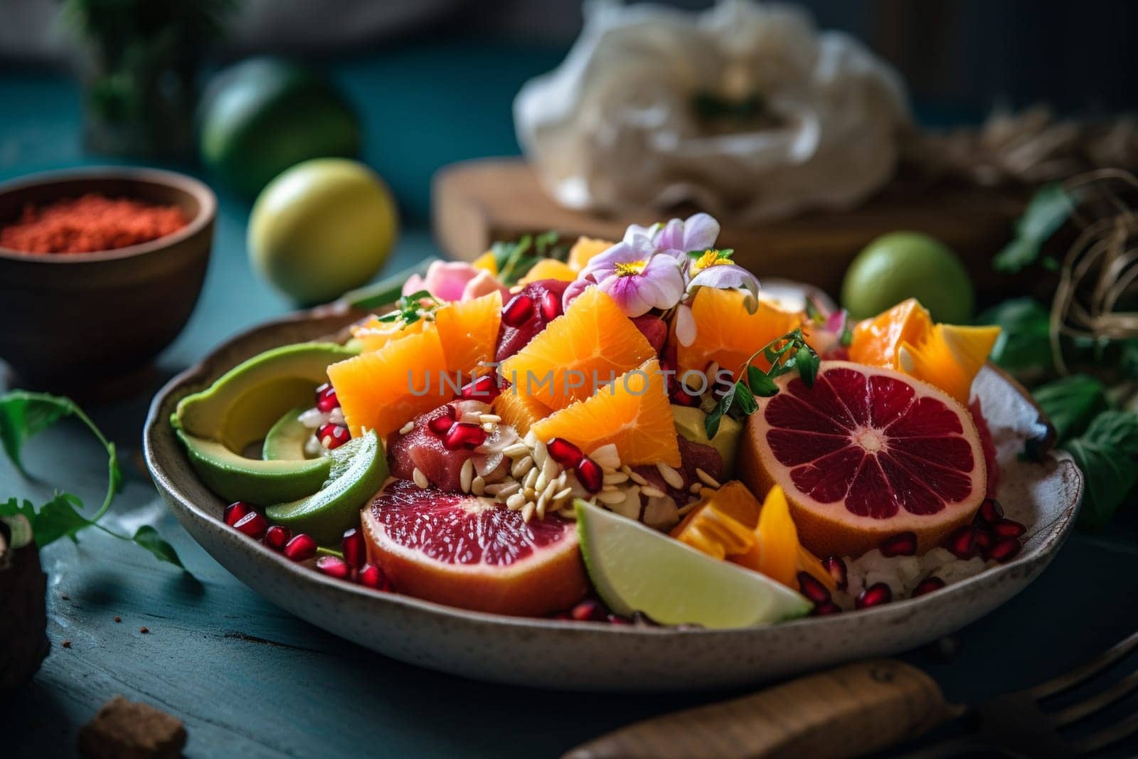 Enjoy a fresh bowl of poke with cubed fish, seaweed, rice, and a variety of toppings while soaking up the sun on the beach (generative AI)