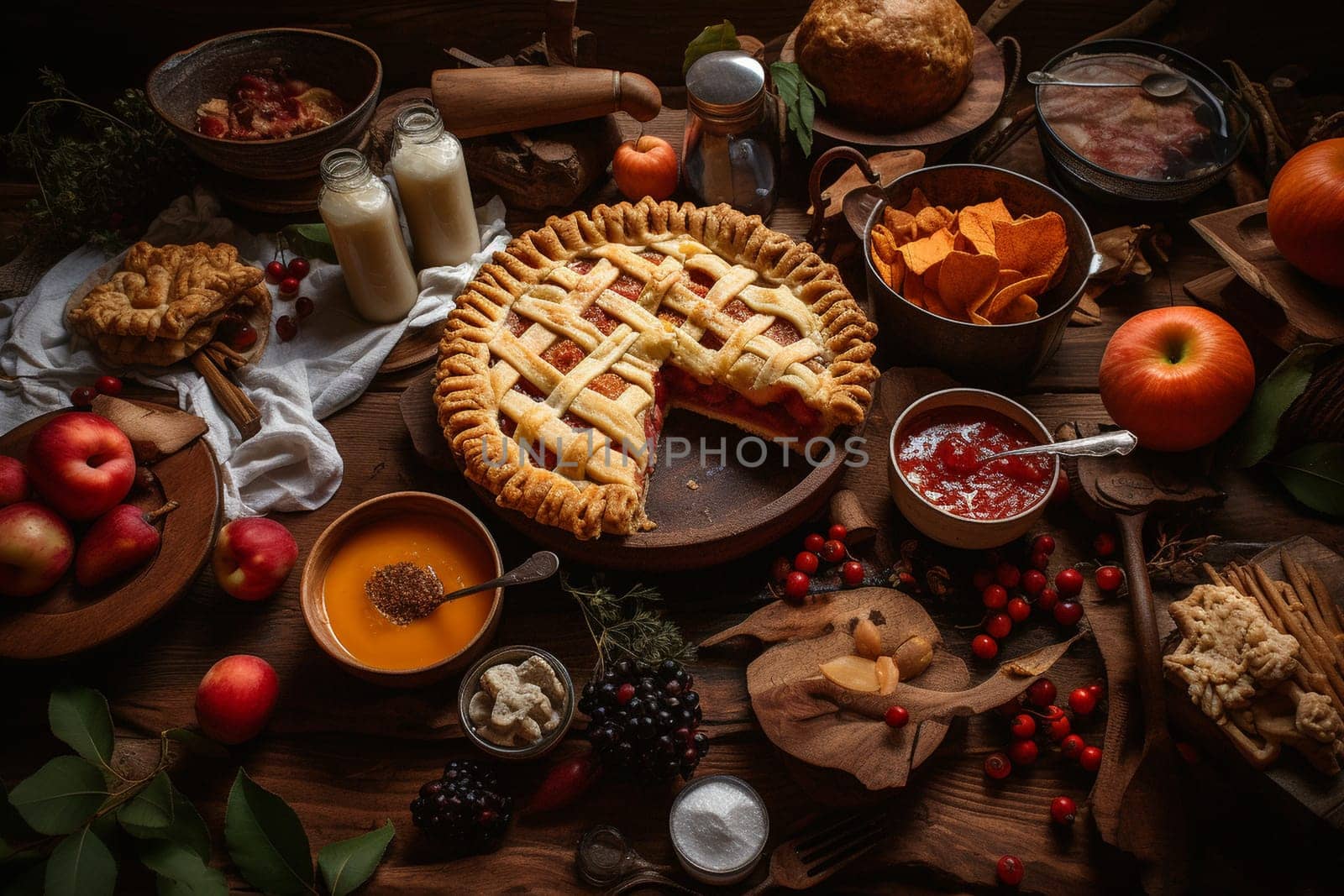 A Thanksgiving buffet with homemade pies and warm cider (generative AI)
