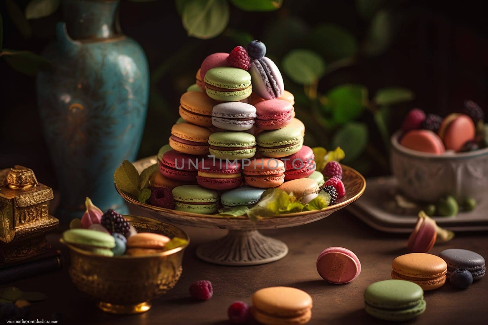 Celebrate a special occasion with an assortment of colorful and delicate macarons elegantly displayed on a tower at a high tea party (generative AI)