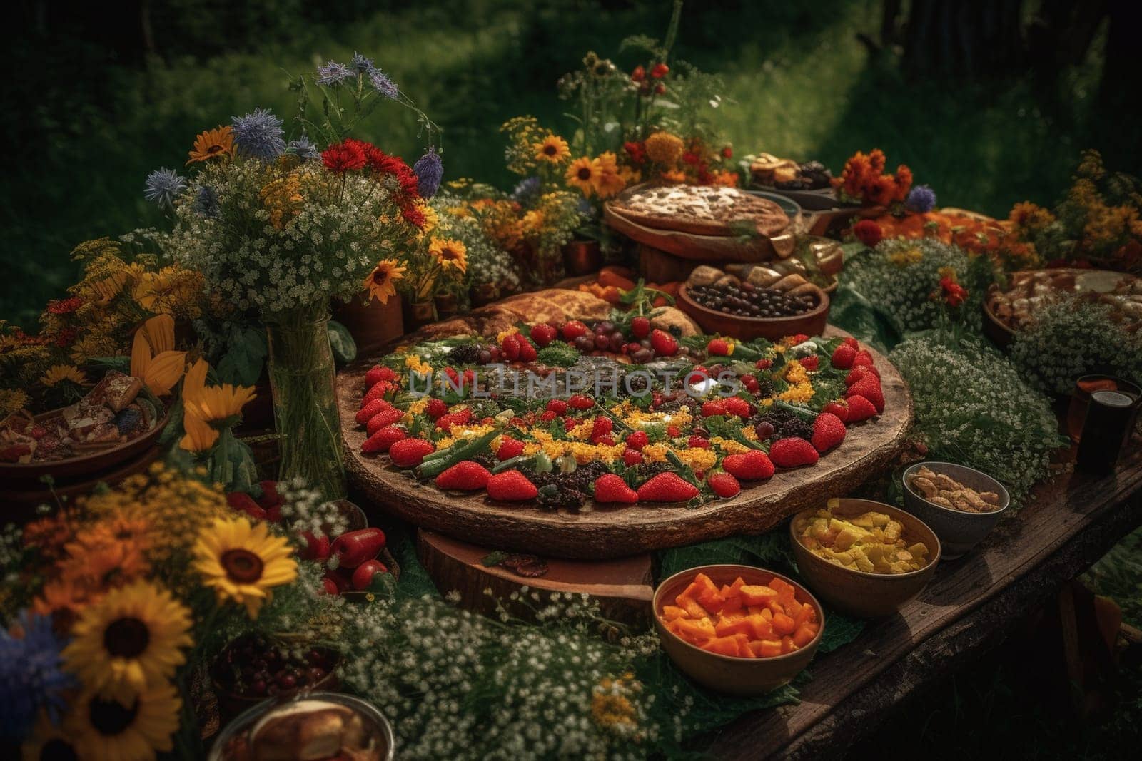 A vegetarian buffet surrounded by wildflowers in a meadow (generative AI)