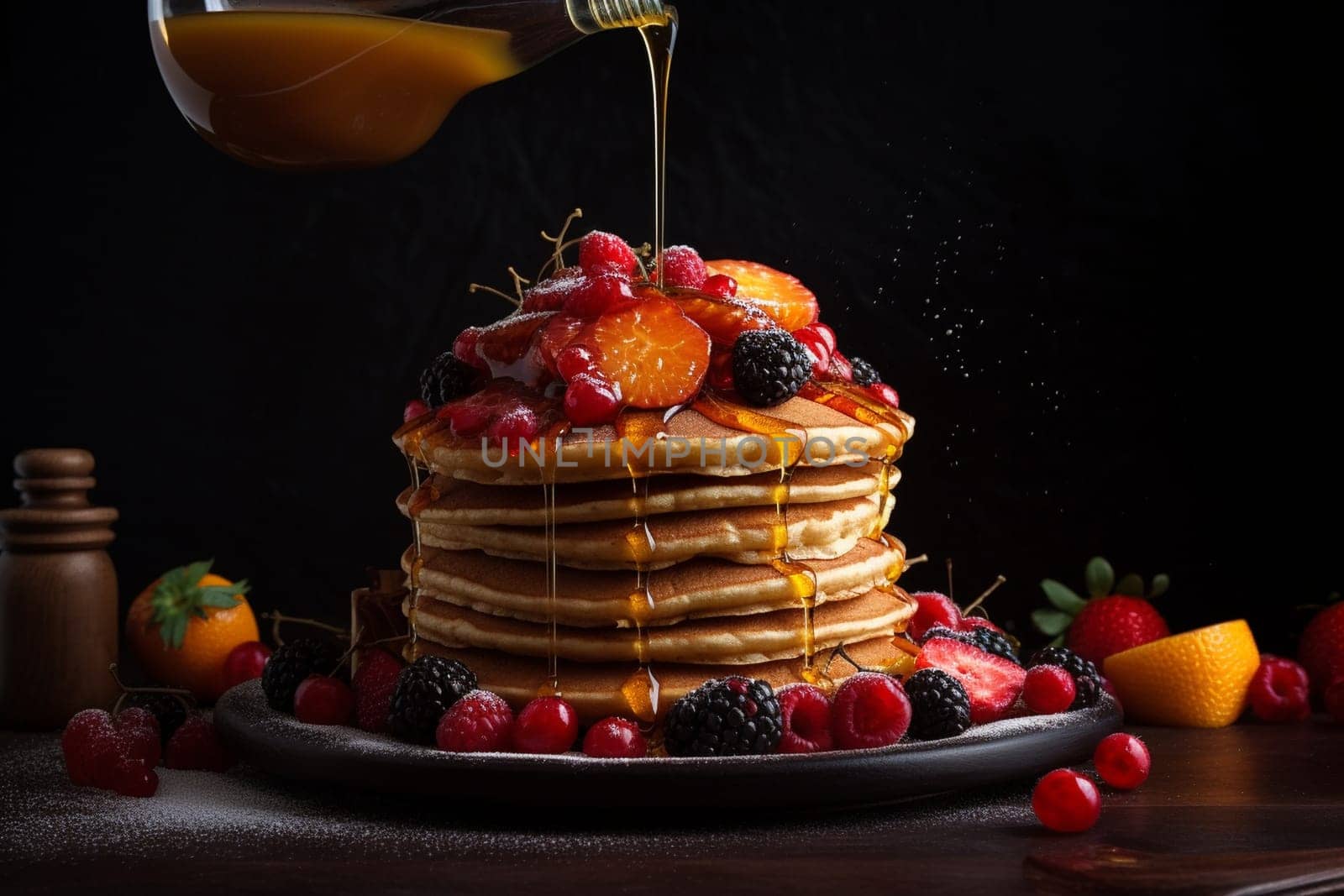 Build your own pancake tower and top it off with butter, syrup, berries, and whipped cream at an unlimited breakfast buffet (generative AI)