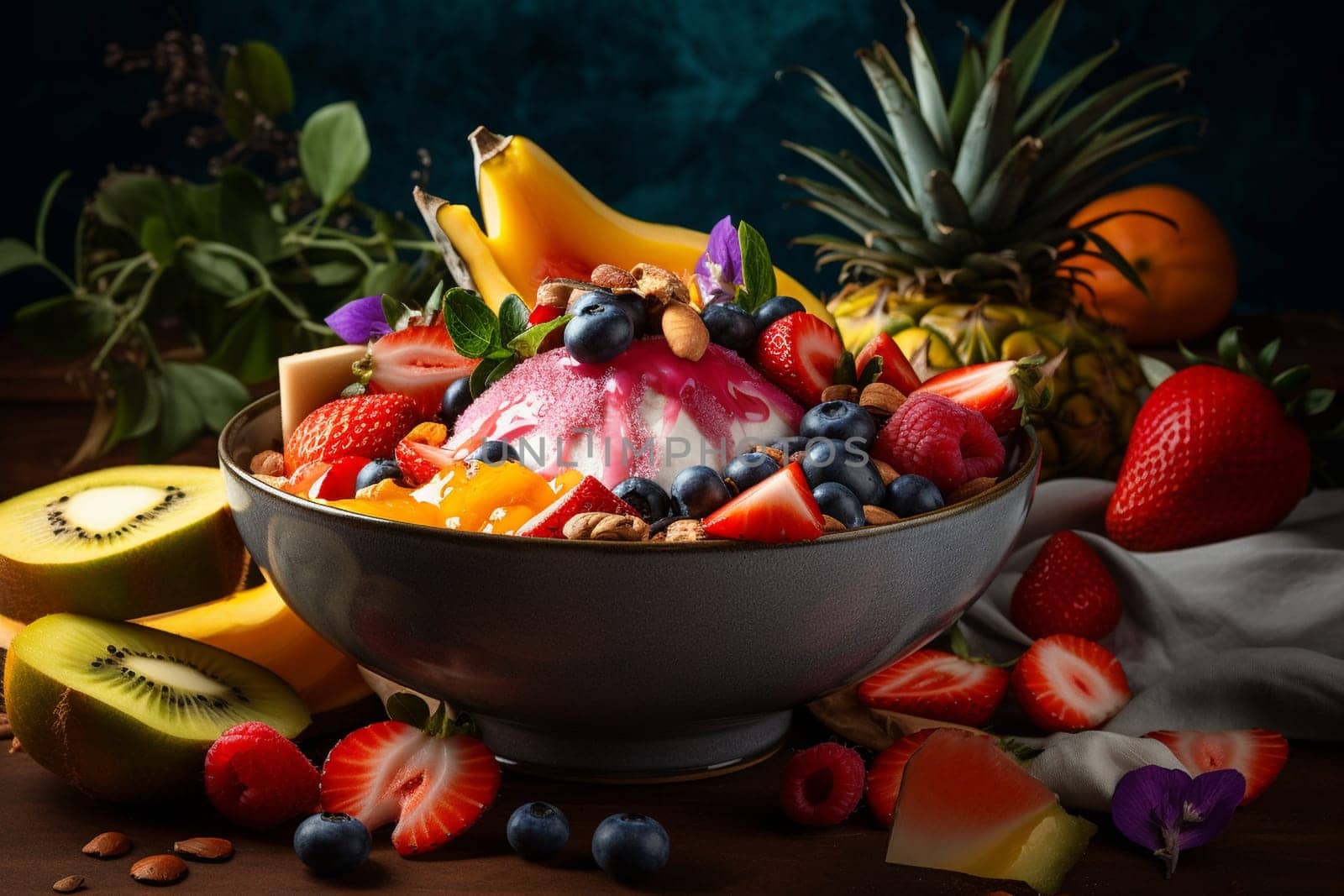 A vibrant fruit bowl at a tropical resort (generative AI)