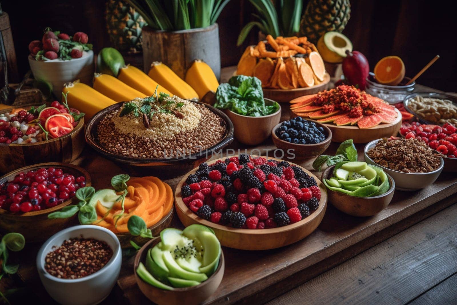 Nourish with plant-based delicacies at a wellness resort's vegan buffet (generative AI)