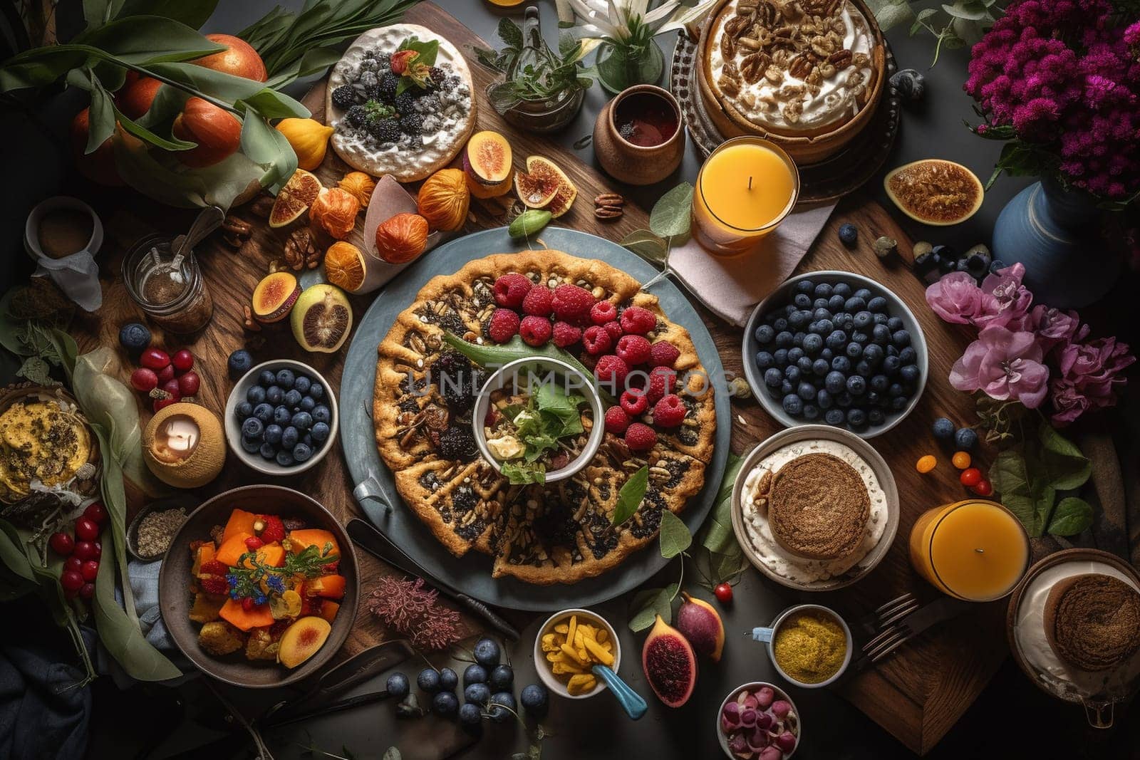 A vegan brunch buffet with rooftop garden views (generative AI)