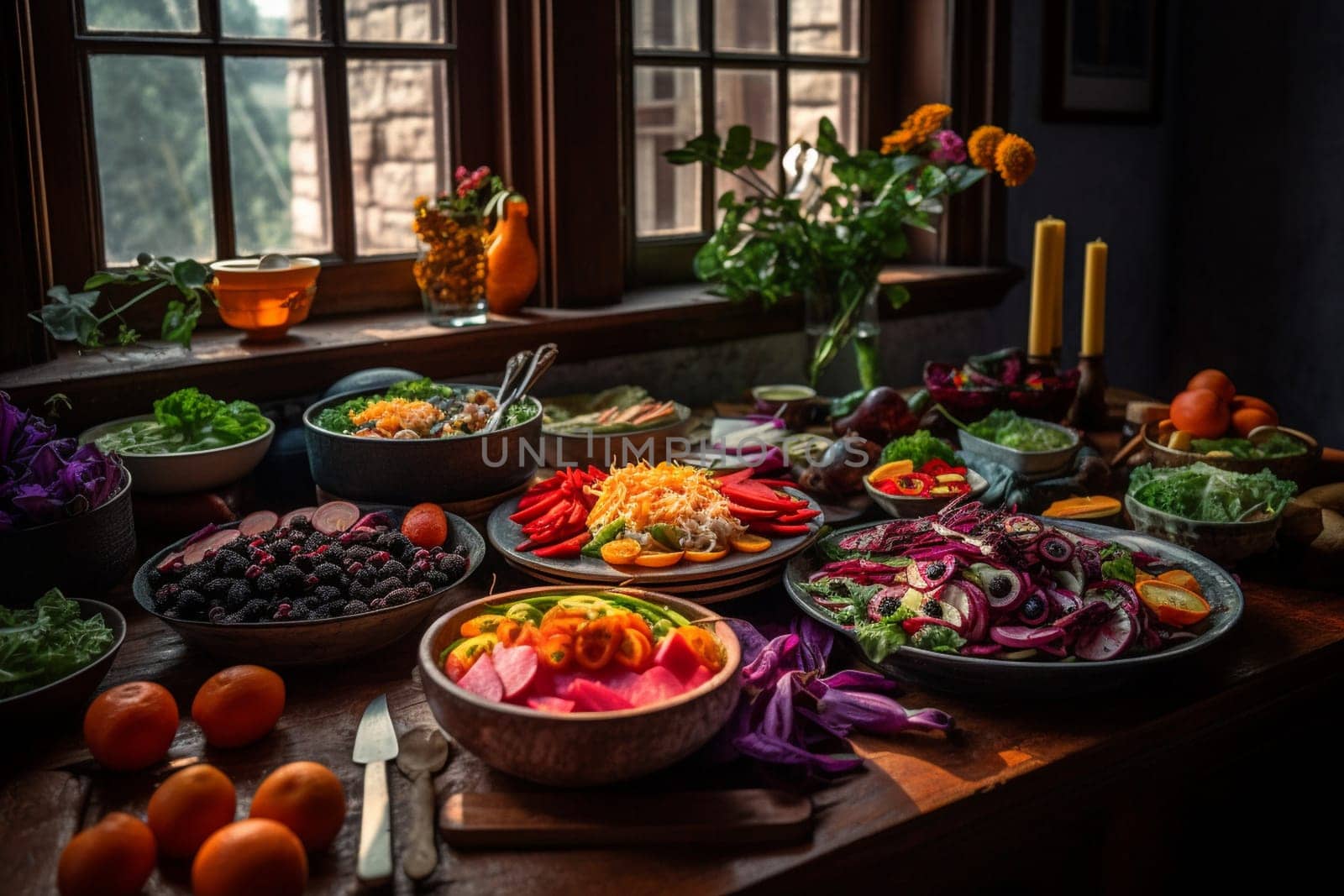 A vegan buffet in a meditation retreat center (generative AI)