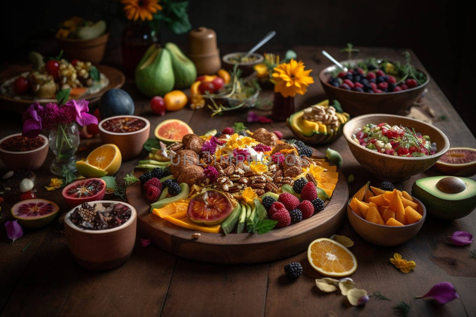 A vegan buffet in a meditation retreat center (generative AI)