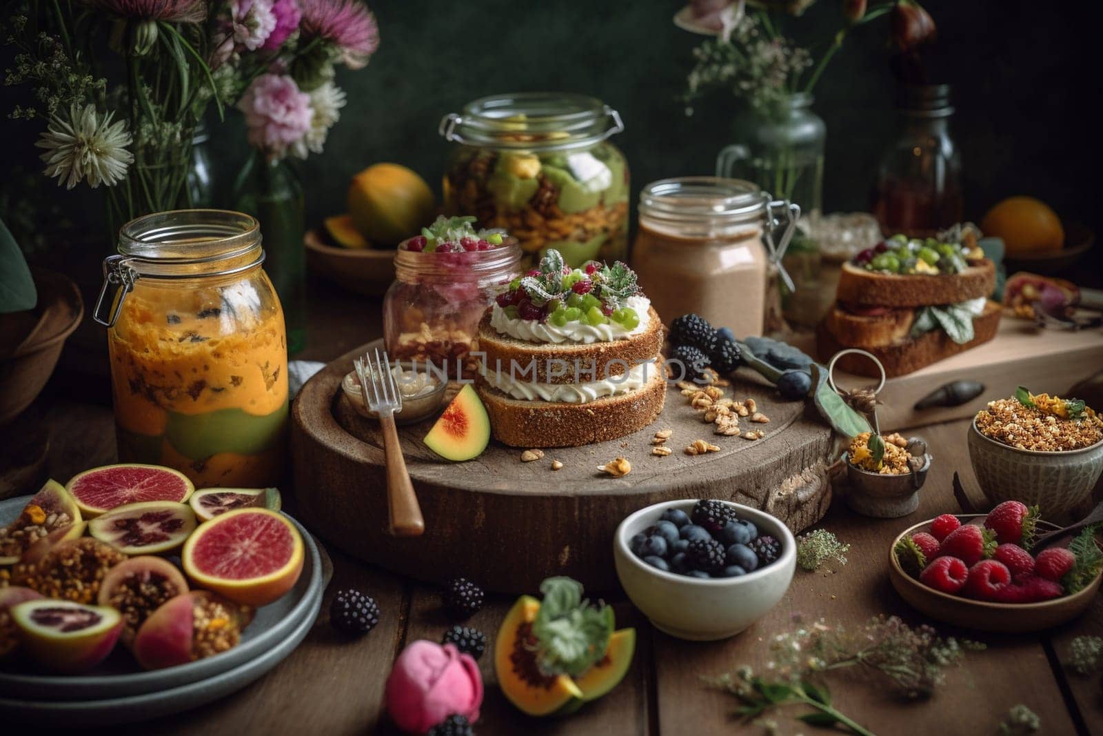 A vegan brunch buffet in a botanical garden (generative AI)