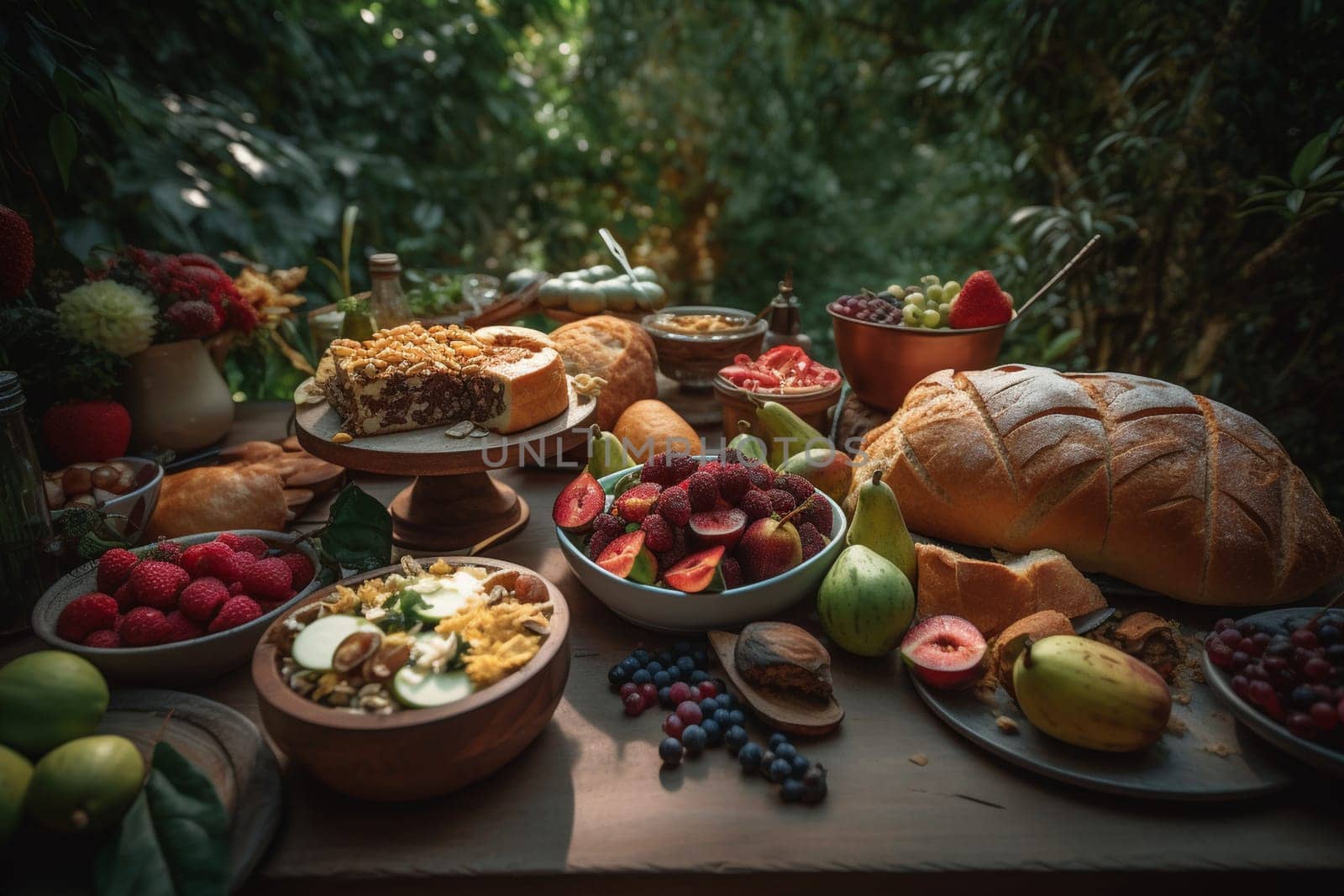 A colorful vegan brunch buffet at a serene botanical garden (generative AI)