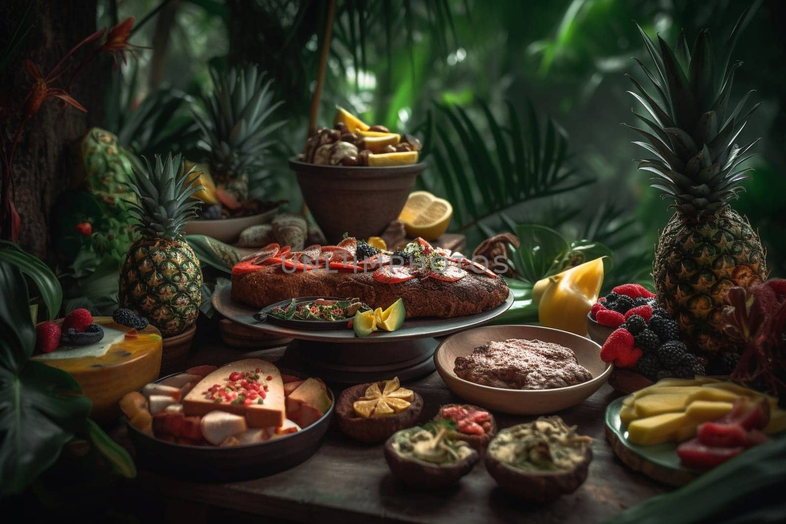 An exotic buffet in a tropical garden (generative AI)