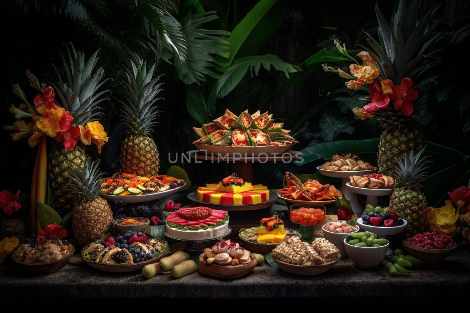 An exotic buffet in a tropical garden (generative AI)
