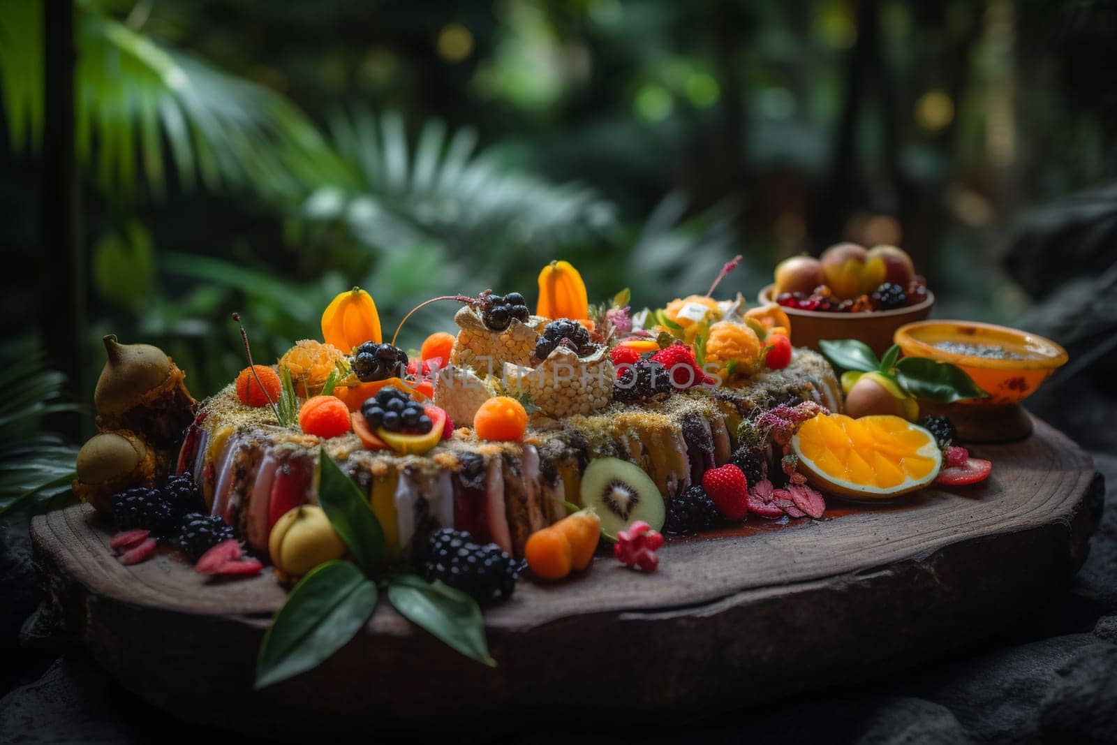 An exotic buffet in a tropical garden (generative AI)