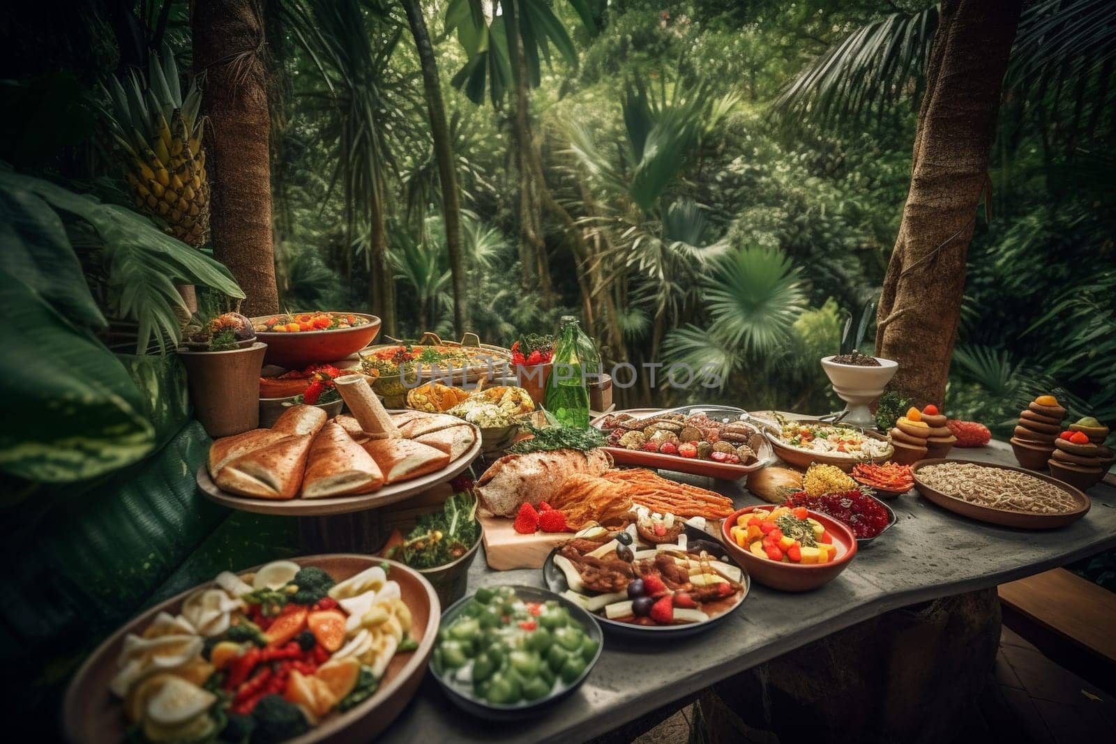 An exotic buffet under a bamboo canopy in a tropical garden (generative AI)