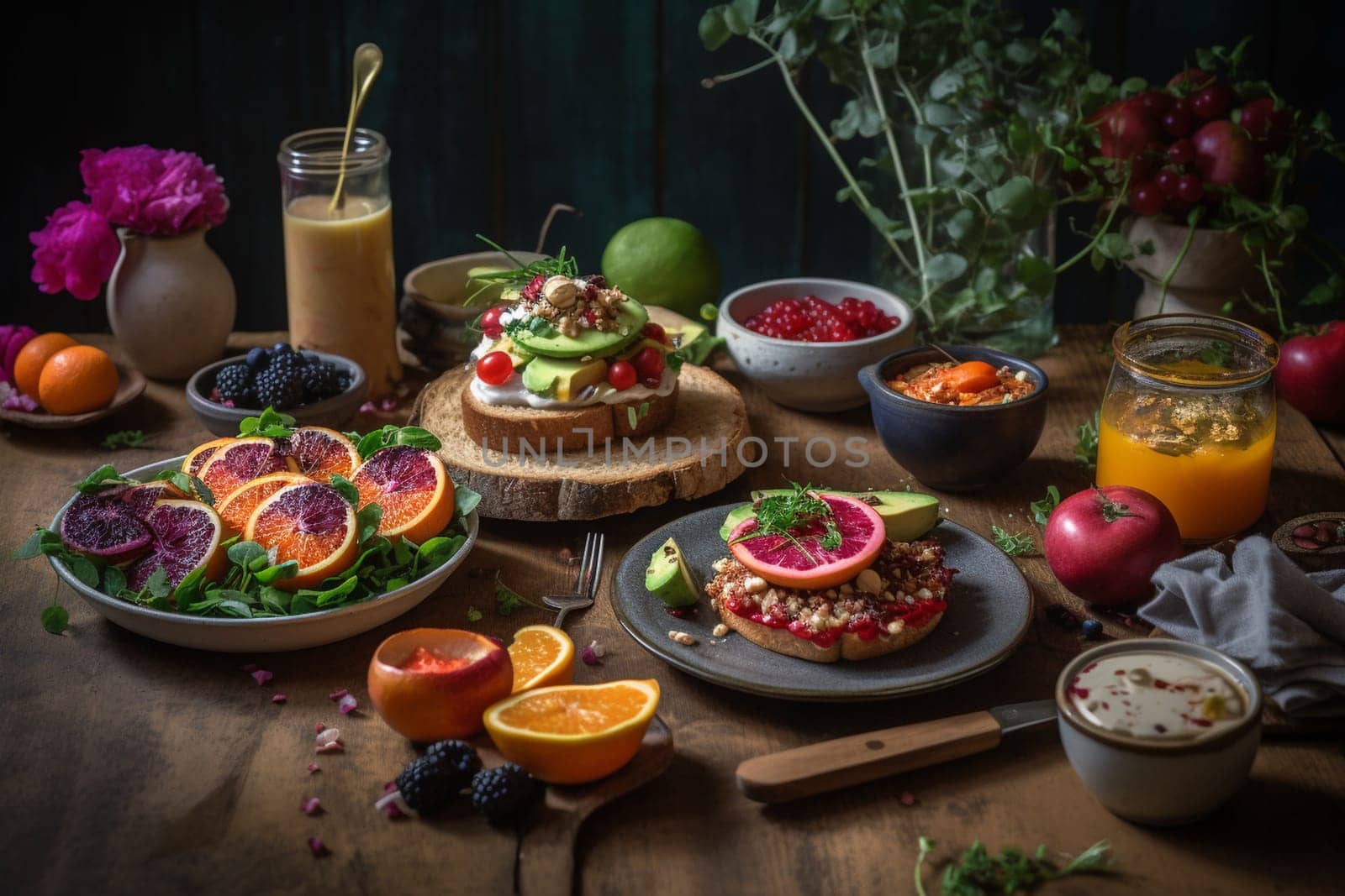 A vegan brunch buffet with rooftop garden views (generative AI)